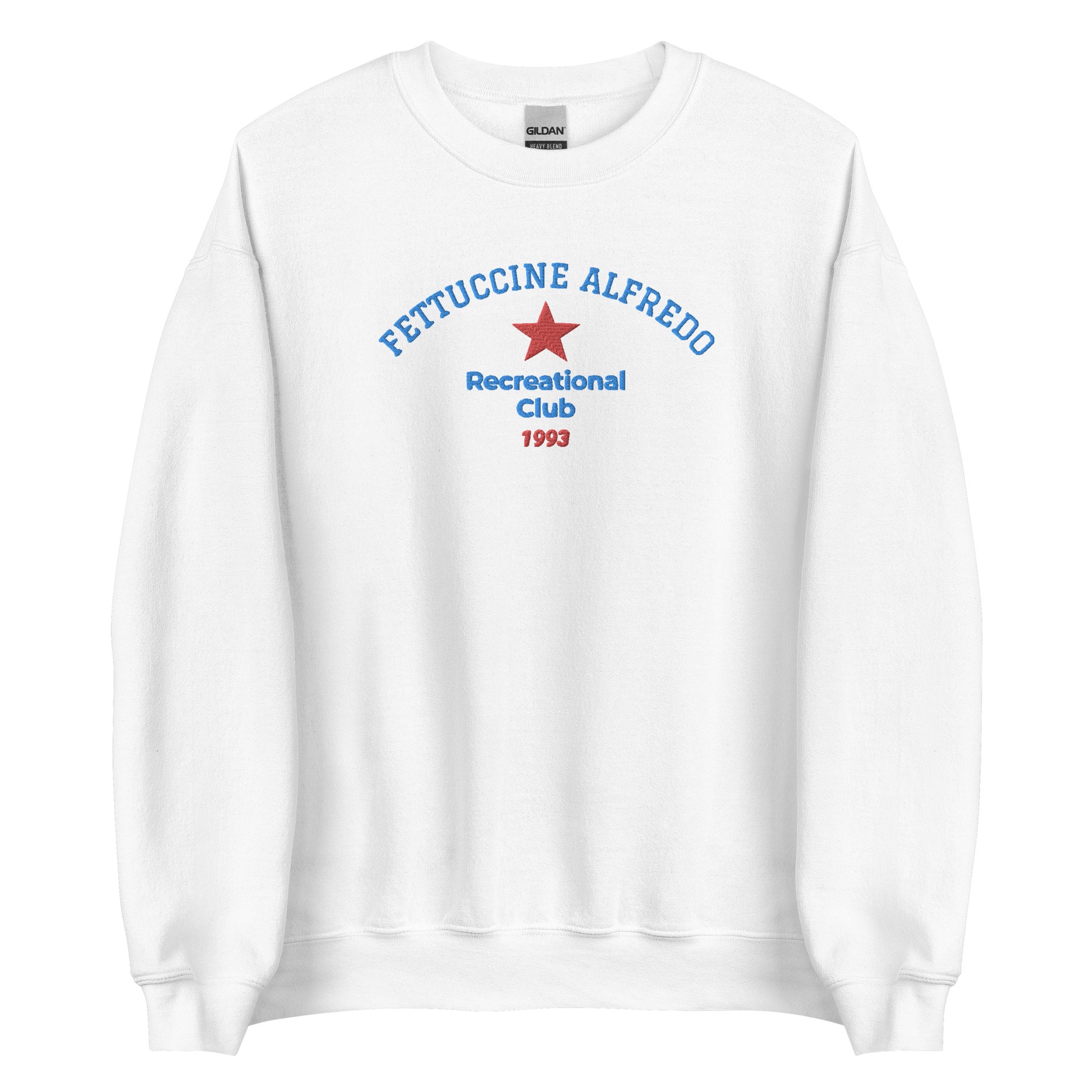 White fettuccine Alfredo sweatshirt from Nina's Funky Shop by ninanush - Love fettuccine Alfredo? Looking for a funny gift for a foodie? Our Fettuccine Alfredo Rec Club Crewneck Sweatshirt is just what you need. It's a unisex pasta lover sweatshirt with "Fettuccine Alfredo Recreational Club 1993" on the front. A funny foodie sweatshirt for a fettuccine enthusiast, designed by Nina and made just for you.