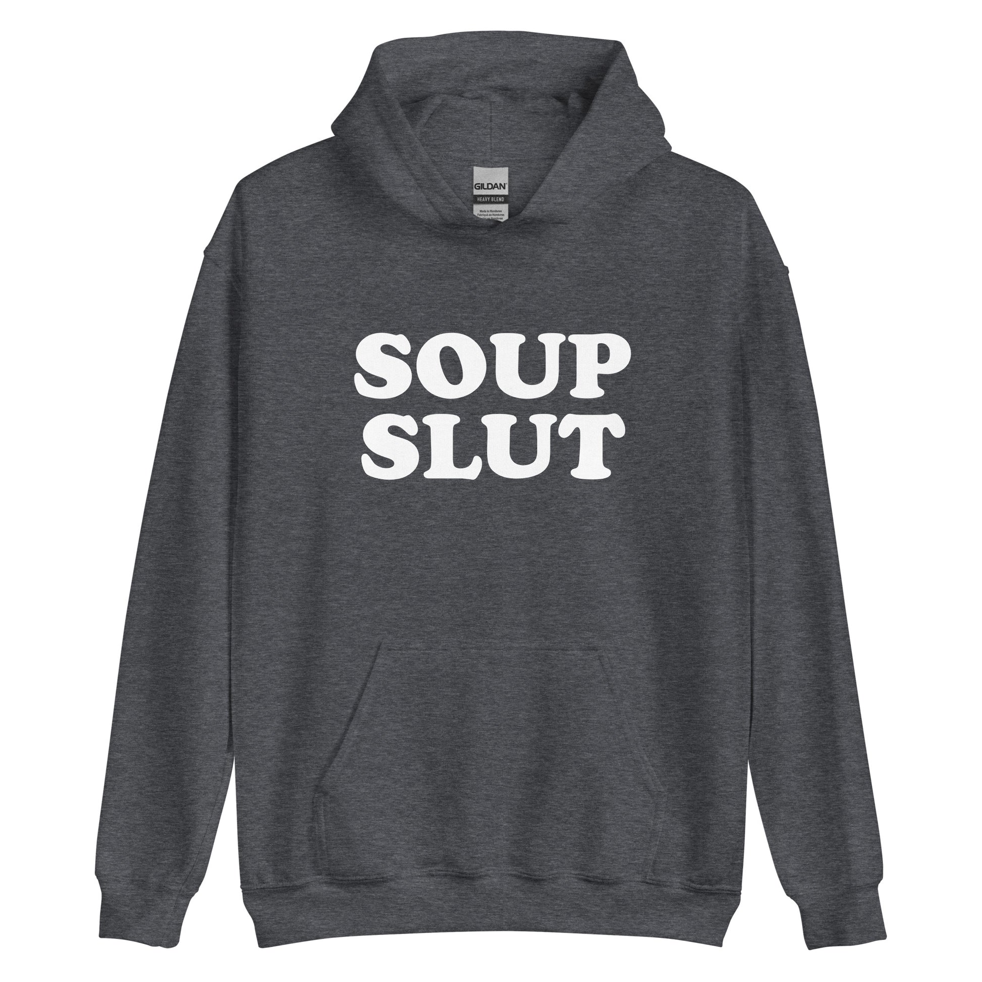 Gray Soup Slut Hoodie from Nina's Funky Shop by ninanush - Do you love soup? Looking for a funny gift for a friend? Our Soup Slut Hoodie is soft, comfortable and just what you need. It's a unisex foodie sweatshirt that comes in a variety of colors with "soup slut", expertly printed on the front. A perfect funny foodie hoodie for cozy nights in or stand out soup lover streetwear, this soup enthusiast sweatshirt is bold and made just for you.