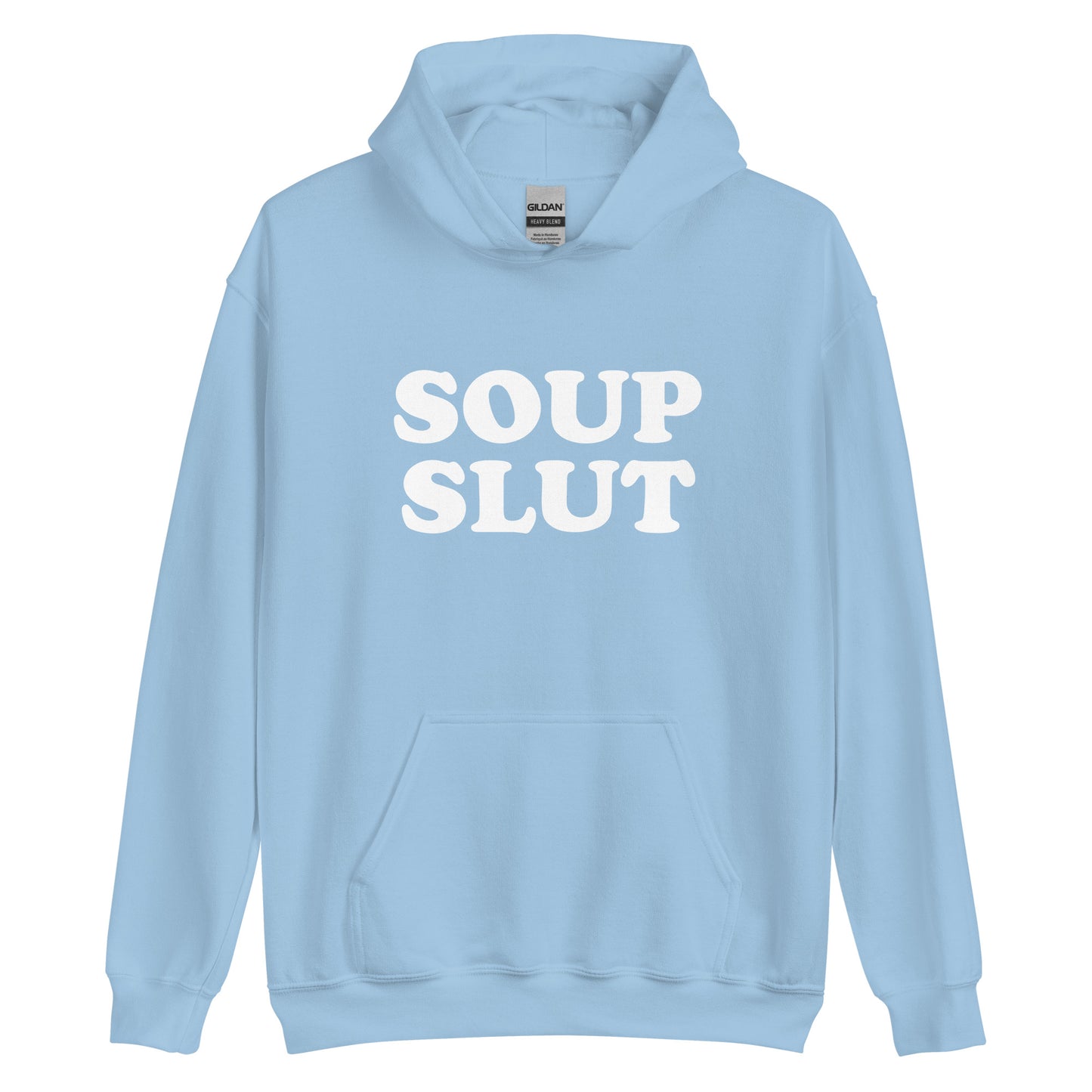 Light Blue Soup Slut Hoodie from Nina's Funky Shop by ninanush - Do you love soup? Looking for a funny gift for a friend? Our Soup Slut Hoodie is soft, comfortable and just what you need. It's a unisex foodie sweatshirt that comes in a variety of colors with "soup slut", expertly printed on the front. A perfect funny foodie hoodie for cozy nights in or stand out soup lover streetwear, this soup enthusiast sweatshirt is bold and made just for you.