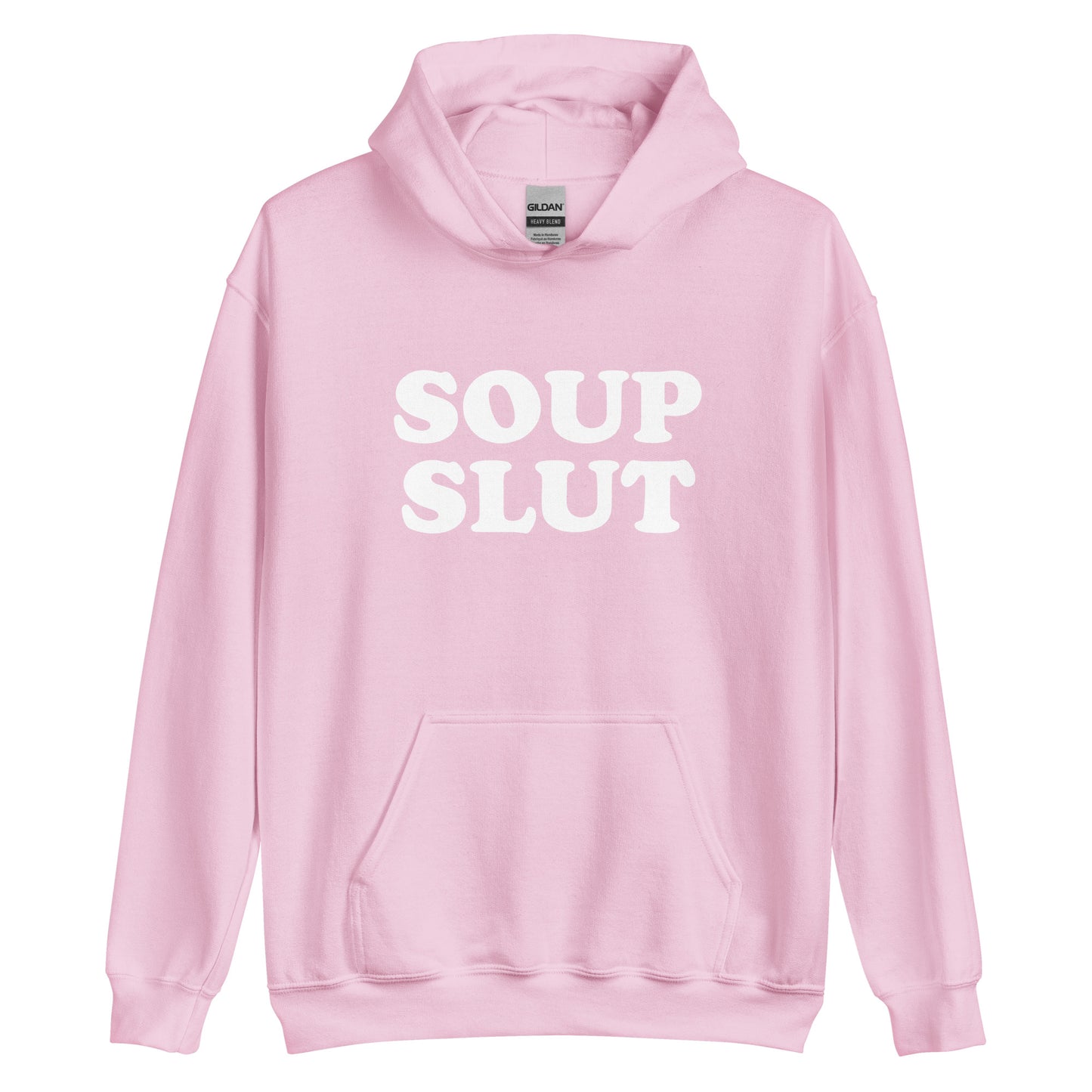 Light Pink Soup Slut Hoodie from Nina's Funky Shop by ninanush - Do you love soup? Looking for a funny gift for a friend? Our Soup Slut Hoodie is soft, comfortable and just what you need. It's a unisex foodie sweatshirt that comes in a variety of colors with "soup slut", expertly printed on the front. A perfect funny foodie hoodie for cozy nights in or stand out soup lover streetwear, this soup enthusiast sweatshirt is bold and made just for you.