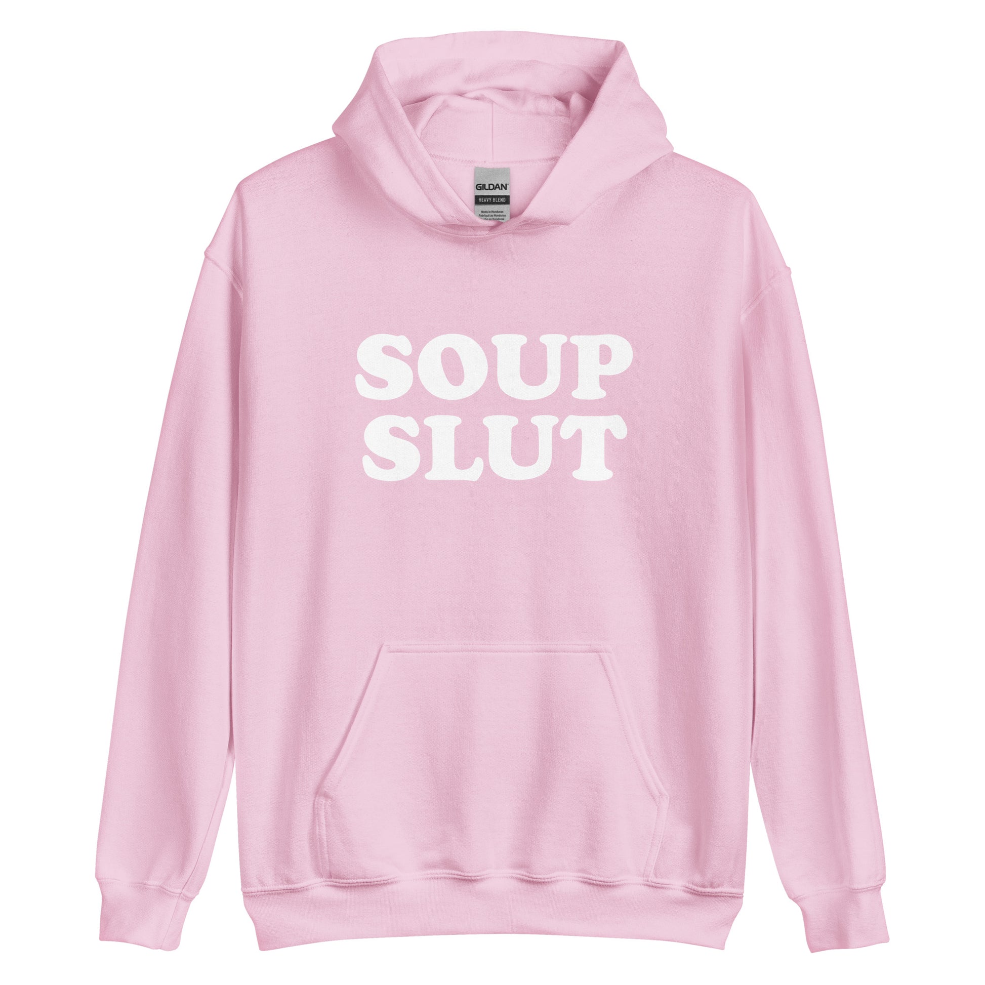 Light Pink Soup Slut Hoodie from Nina's Funky Shop by ninanush - Do you love soup? Looking for a funny gift for a friend? Our Soup Slut Hoodie is soft, comfortable and just what you need. It's a unisex foodie sweatshirt that comes in a variety of colors with "soup slut", expertly printed on the front. A perfect funny foodie hoodie for cozy nights in or stand out soup lover streetwear, this soup enthusiast sweatshirt is bold and made just for you.