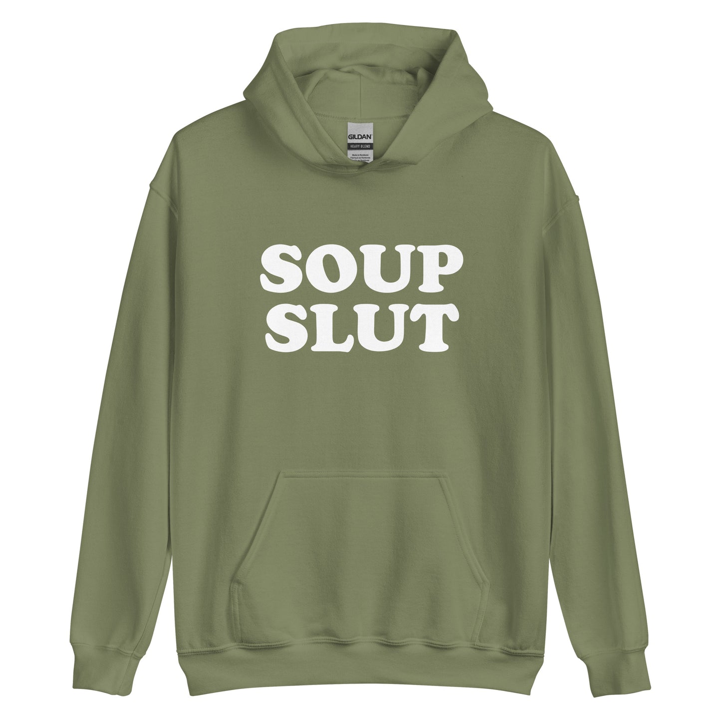 Army Green Soup Slut Hoodie from Nina's Funky Shop by ninanush - Do you love soup? Looking for a funny gift for a friend? Our Soup Slut Hoodie is soft, comfortable and just what you need. It's a unisex foodie sweatshirt that comes in a variety of colors with "soup slut", expertly printed on the front. A perfect funny foodie hoodie for cozy nights in or stand out soup lover streetwear, this soup enthusiast sweatshirt is bold and made just for you.