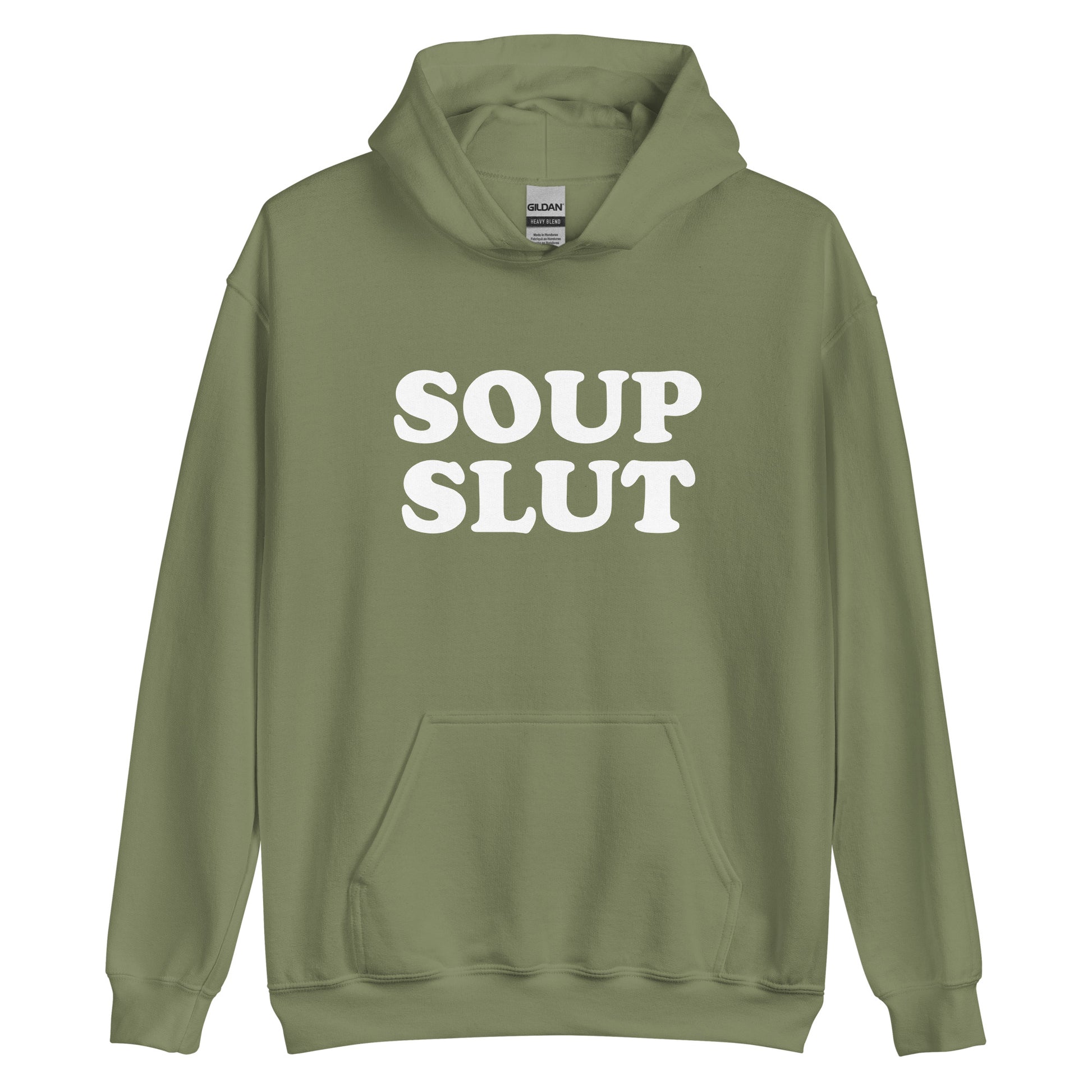 Army Green Soup Slut Hoodie from Nina's Funky Shop by ninanush - Do you love soup? Looking for a funny gift for a friend? Our Soup Slut Hoodie is soft, comfortable and just what you need. It's a unisex foodie sweatshirt that comes in a variety of colors with "soup slut", expertly printed on the front. A perfect funny foodie hoodie for cozy nights in or stand out soup lover streetwear, this soup enthusiast sweatshirt is bold and made just for you.
