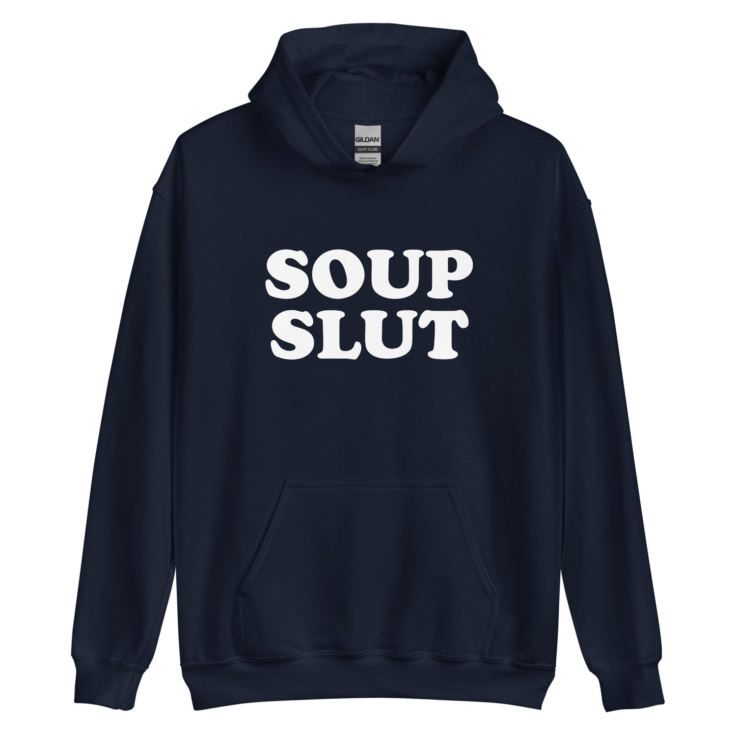 Navy Soup Slut Hoodie from Nina's Funky Shop by ninanush - Do you love soup? Looking for a funny gift for a friend? Our Soup Slut Hoodie is soft, comfortable and just what you need. It's a unisex foodie sweatshirt that comes in a variety of colors with "soup slut", expertly printed on the front. A perfect funny foodie hoodie for cozy nights in or stand out soup lover streetwear, this soup enthusiast sweatshirt is bold and made just for you.