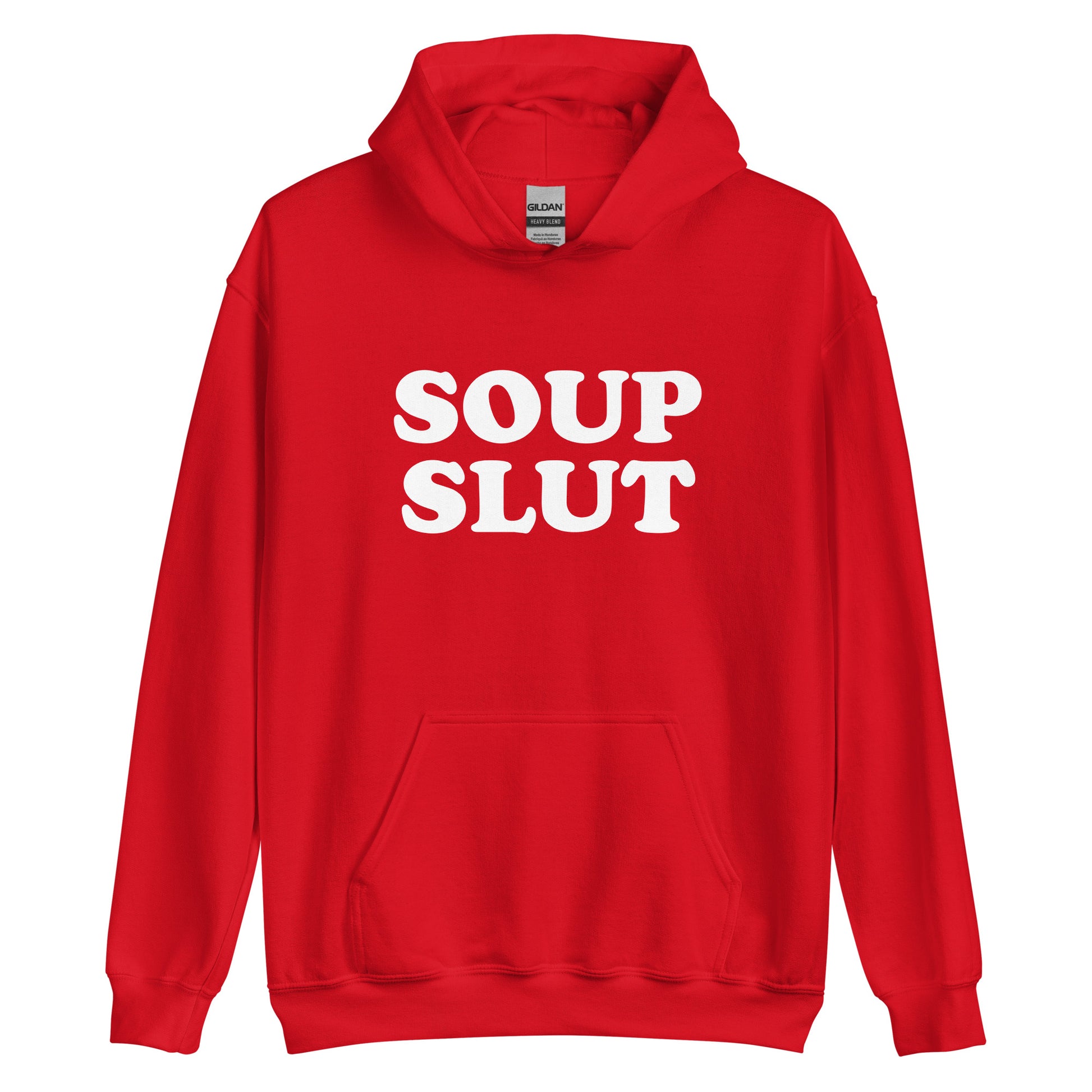 Red Soup Slut Hoodie from Nina's Funky Shop by ninanush - Do you love soup? Looking for a funny gift for a friend? Our Soup Slut Hoodie is soft, comfortable and just what you need. It's a unisex foodie sweatshirt that comes in a variety of colors with "soup slut", expertly printed on the front. A perfect funny foodie hoodie for cozy nights in or stand out soup lover streetwear, this soup enthusiast sweatshirt is bold and made just for you.