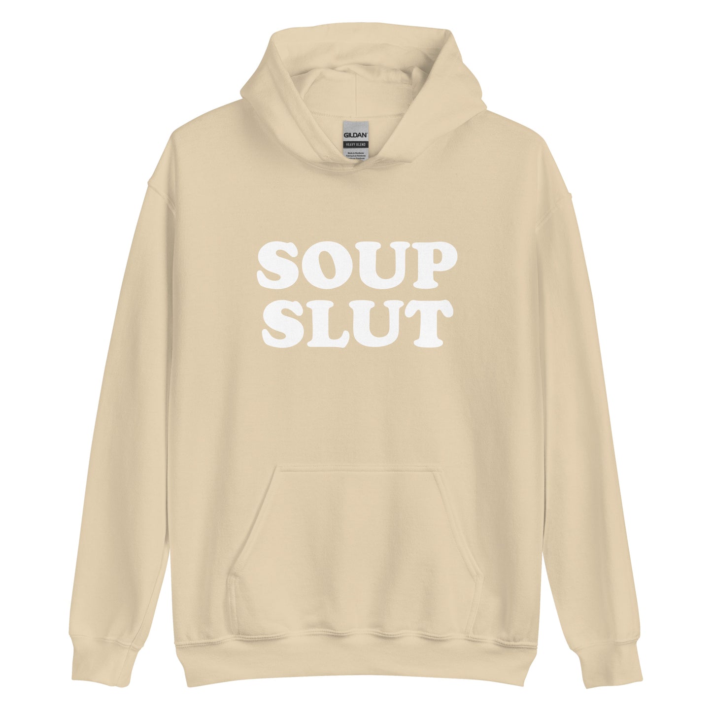 Beige Soup Slut Hoodie from Nina's Funky Shop by ninanush - Do you love soup? Looking for a funny gift for a friend? Our Soup Slut Hoodie is soft, comfortable and just what you need. It's a unisex foodie sweatshirt that comes in a variety of colors with "soup slut", expertly printed on the front. A perfect funny foodie hoodie for cozy nights in or stand out soup lover streetwear, this soup enthusiast sweatshirt is bold and made just for you.