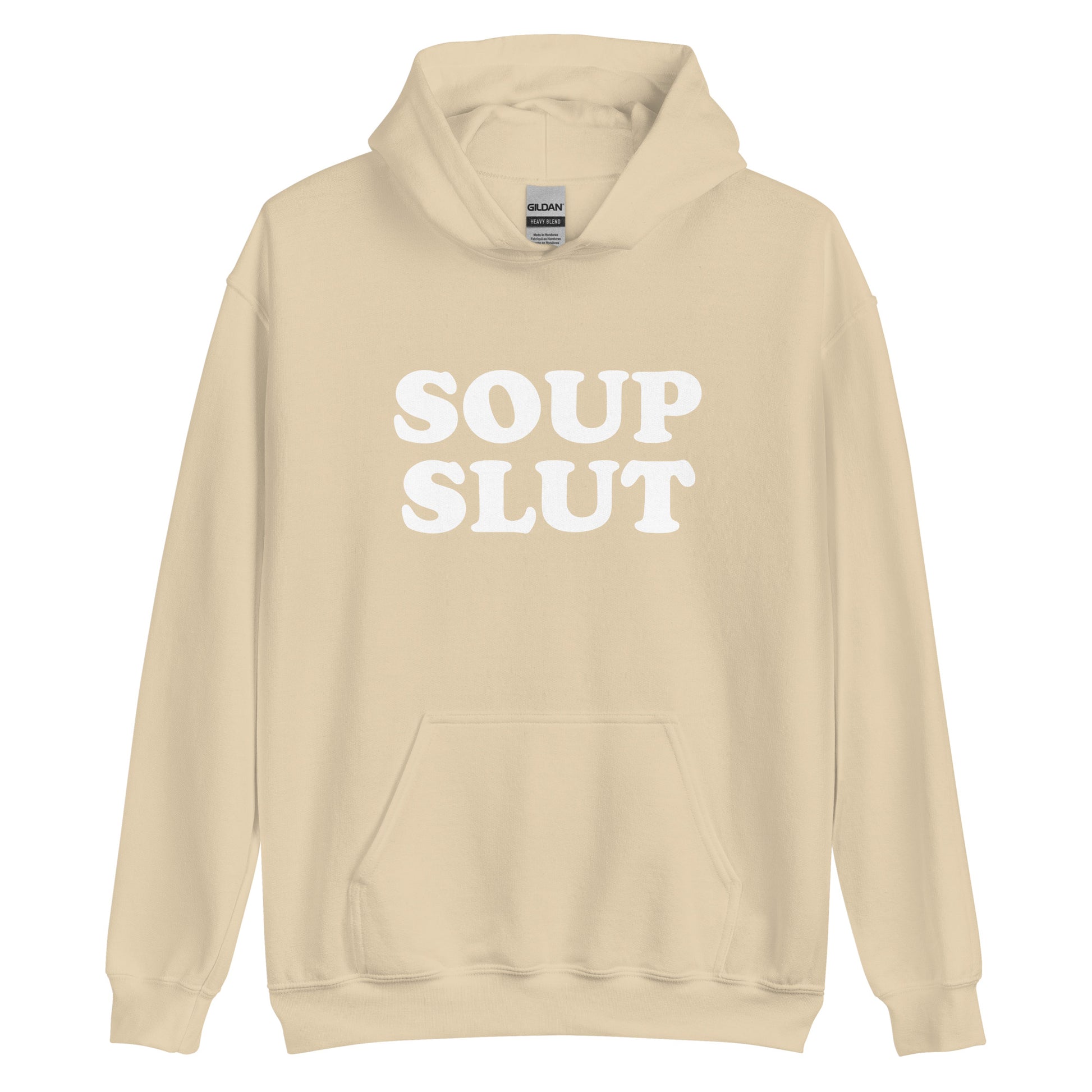 Beige Soup Slut Hoodie from Nina's Funky Shop by ninanush - Do you love soup? Looking for a funny gift for a friend? Our Soup Slut Hoodie is soft, comfortable and just what you need. It's a unisex foodie sweatshirt that comes in a variety of colors with "soup slut", expertly printed on the front. A perfect funny foodie hoodie for cozy nights in or stand out soup lover streetwear, this soup enthusiast sweatshirt is bold and made just for you.