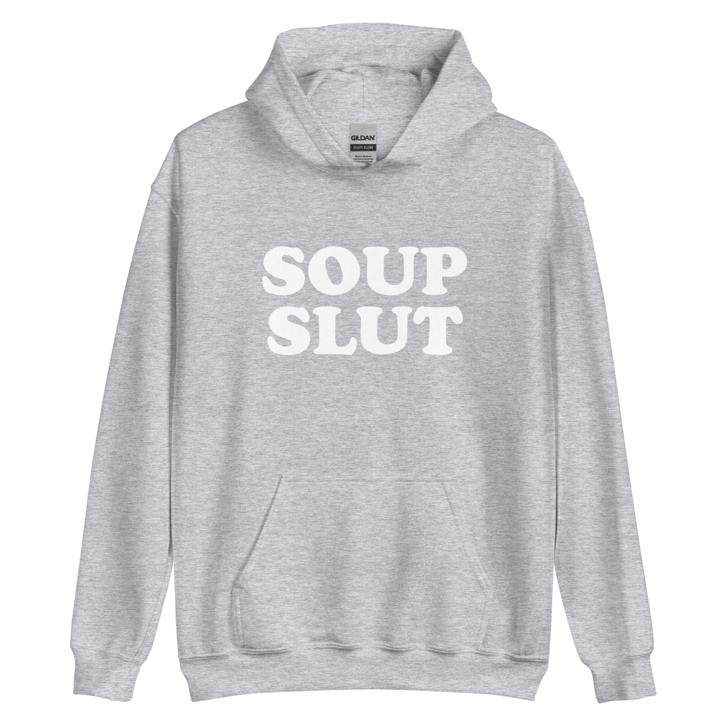Light Gray Soup Slut Hoodie from Nina's Funky Shop by ninanush - Do you love soup? Looking for a funny gift for a friend? Our Soup Slut Hoodie is soft, comfortable and just what you need. It's a unisex foodie sweatshirt that comes in a variety of colors with "soup slut", expertly printed on the front. A perfect funny foodie hoodie for cozy nights in or stand out soup lover streetwear, this soup enthusiast sweatshirt is bold and made just for you.