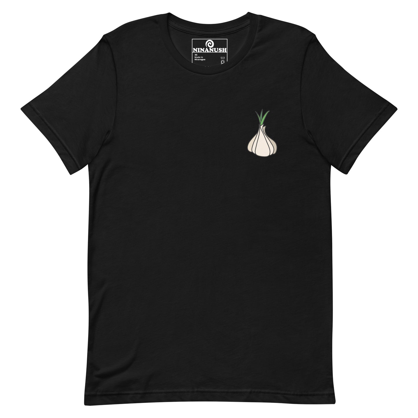 Black garlic t-shirt from Nina's Funky Shop by ninanush - Calling all garlic lovers! This classic cotton tee comes in a variety of colors with a head of garlic expertly printed on the front. It's a unique garlic lover graphic tee that stands out and makes the perfect funky shirt for garlic enthusiasts. Eat garlic in style and make a statement in our funny foodie clothing and accessories.