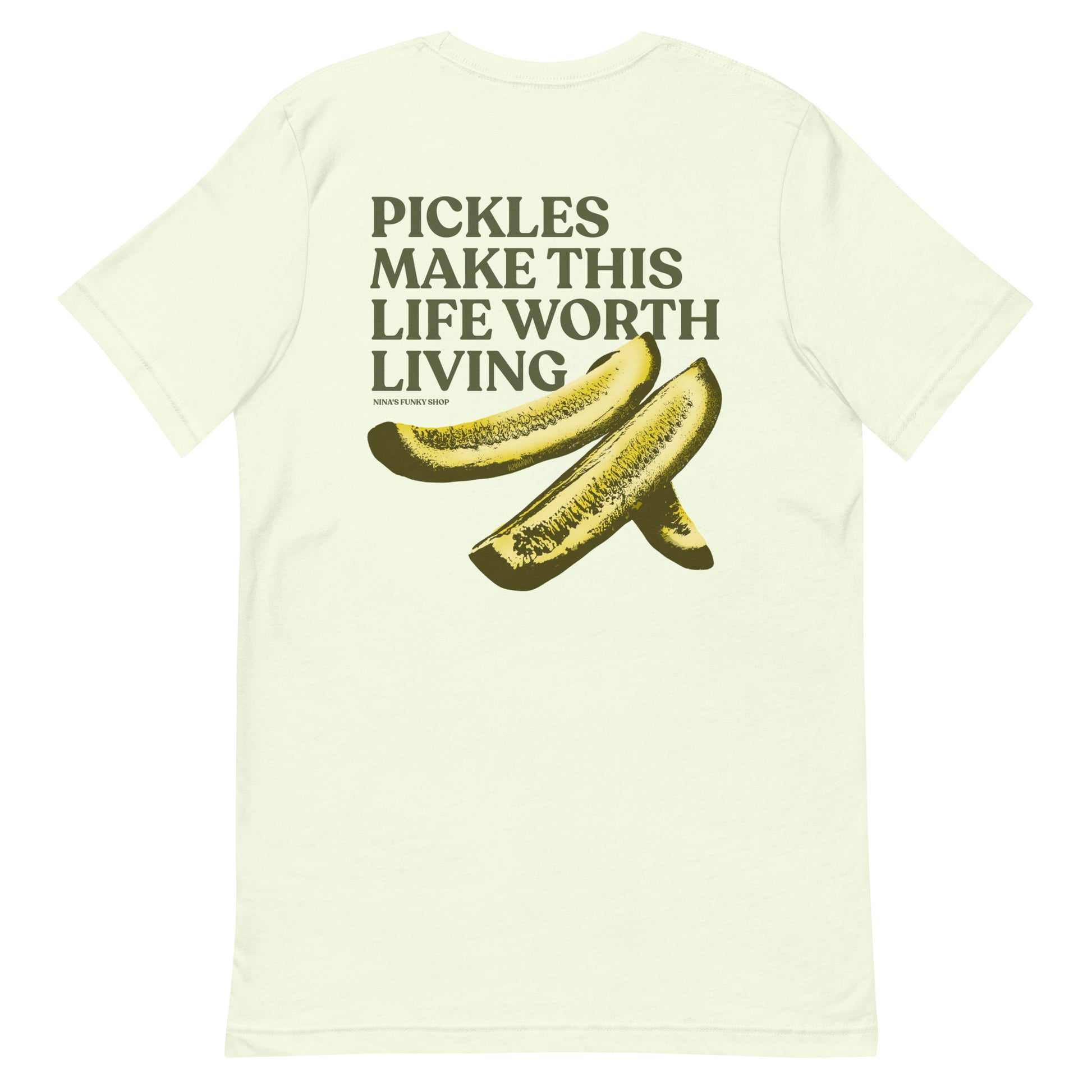 Citron Pickles T-shirt - What makes your life worth living? If the answer is pickles...this funky pickles t-shirt is just what you need! Our Pickles Make This Life Worth Living T-shirt is soft, comfortable and comes in a variety of colors with a unique pickle design, expertly printed on the front and back. A funny foodie t-shirt for pickles lovers and foodies of all kinds.