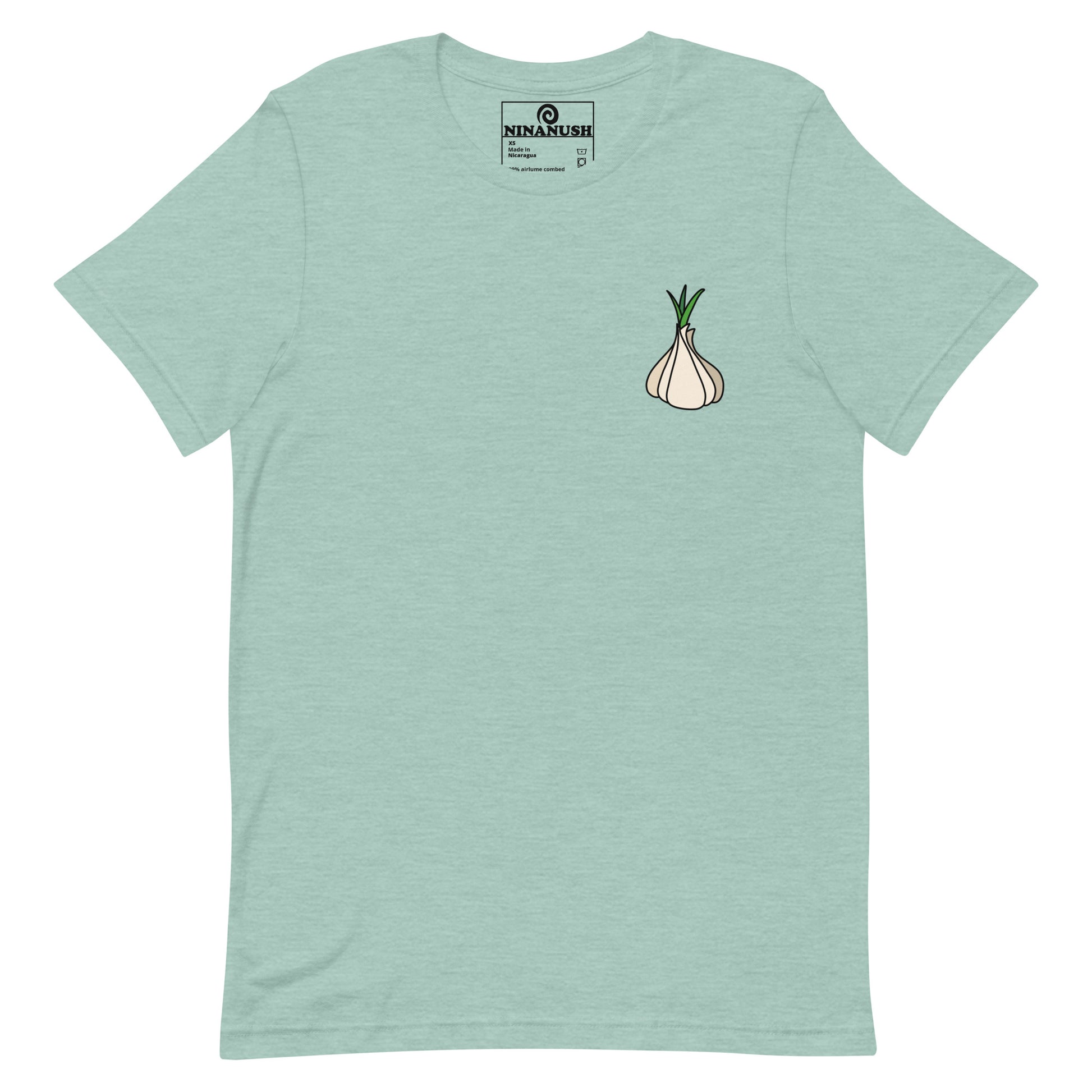 Green garlic t-shirt from Nina's Funky Shop by ninanush - Calling all garlic lovers! This classic cotton tee comes in a variety of colors with a head of garlic expertly printed on the front. It's a unique garlic lover graphic tee that stands out and makes the perfect funky shirt for garlic enthusiasts. Eat garlic in style and make a statement in our funny foodie clothing and accessories.