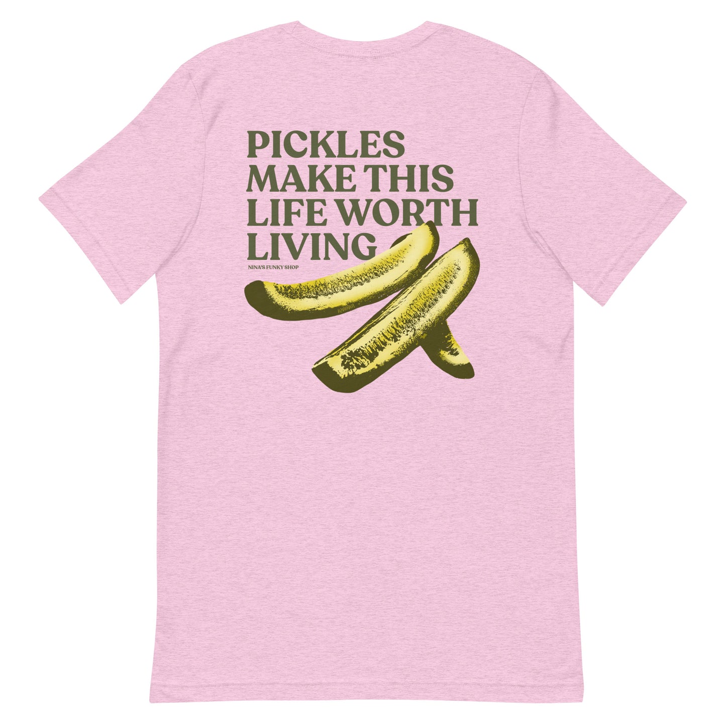 Pink Pickles T-shirt - What makes your life worth living? If the answer is pickles...this funky pickles t-shirt is just what you need! Our Pickles Make This Life Worth Living T-shirt is soft, comfortable and comes in a variety of colors with a unique pickle design, expertly printed on the front and back. A funny foodie t-shirt for pickles lovers and foodies of all kinds.