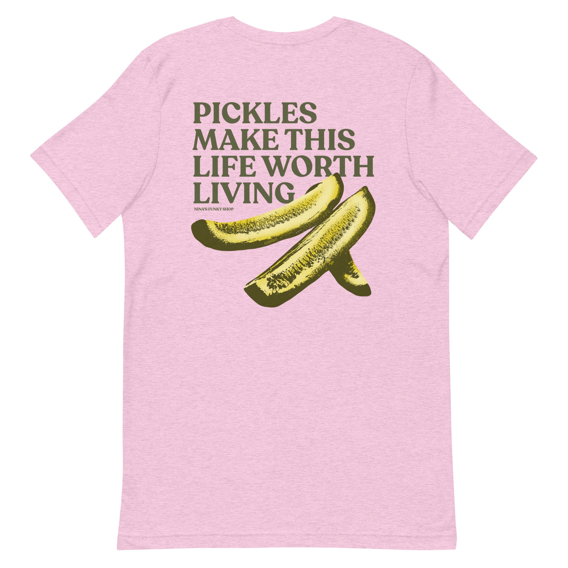 Pink Pickles T-shirt - What makes your life worth living? If the answer is pickles...this funky pickles t-shirt is just what you need! Our Pickles Make This Life Worth Living T-shirt is soft, comfortable and comes in a variety of colors with a unique pickle design, expertly printed on the front and back. A funny foodie t-shirt for pickles lovers and foodies of all kinds.