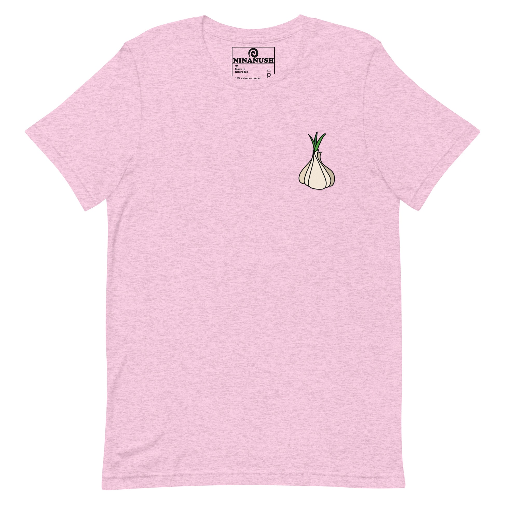 Purple garlic t-shirt from Nina's Funky Shop by ninanush - Calling all garlic lovers! This classic cotton tee comes in a variety of colors with a head of garlic expertly printed on the front. It's a unique garlic lover graphic tee that stands out and makes the perfect funky shirt for garlic enthusiasts. Eat garlic in style and make a statement in our funny foodie clothing and accessories.