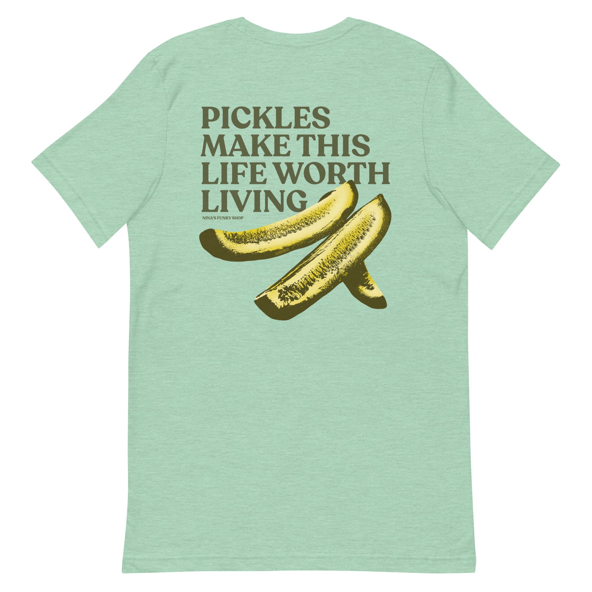 Green Pickles T-shirt - What makes your life worth living? If the answer is pickles...this funky pickles t-shirt is just what you need! Our Pickles Make This Life Worth Living T-shirt is soft, comfortable and comes in a variety of colors with a unique pickle design, expertly printed on the front and back. A funny foodie t-shirt for pickles lovers and foodies of all kinds.
