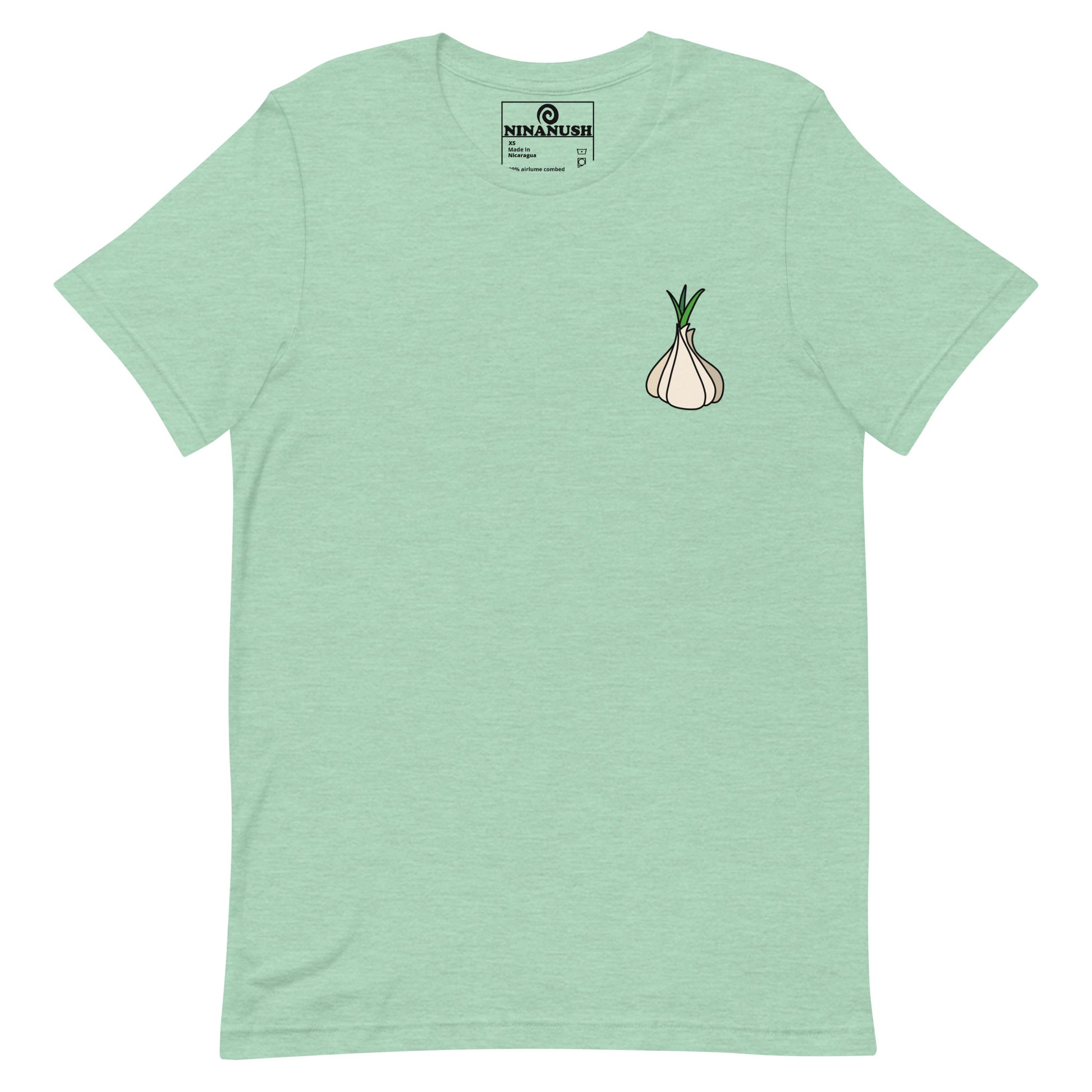 Green garlic t-shirt from Nina's Funky Shop by ninanush - Calling all garlic lovers! This classic cotton tee comes in a variety of colors with a head of garlic expertly printed on the front. It's a unique garlic lover graphic tee that stands out and makes the perfect funky shirt for garlic enthusiasts. Eat garlic in style and make a statement in our funny foodie clothing and accessories.