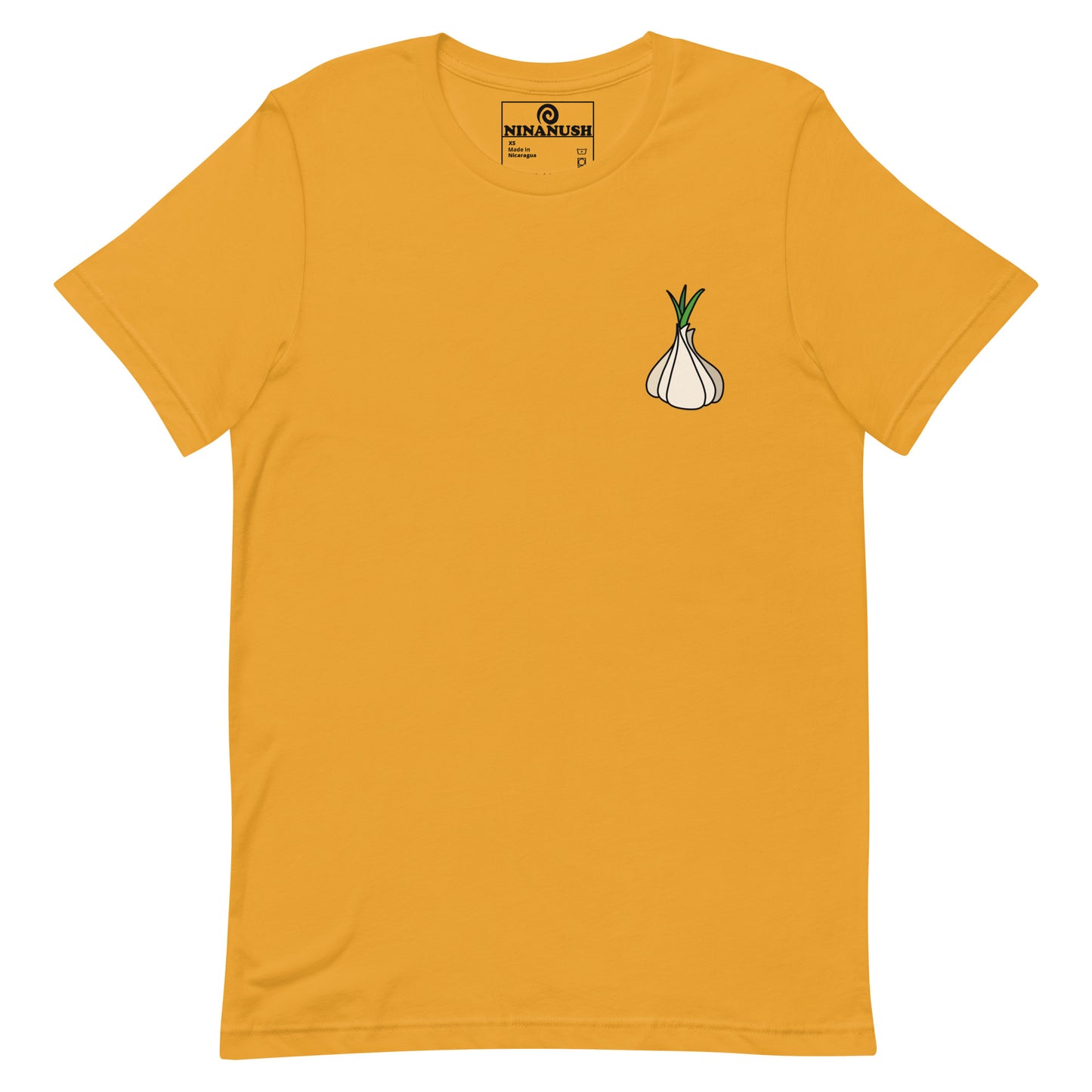 Yellow garlic t-shirt from Nina's Funky Shop by ninanush - Calling all garlic lovers! This classic cotton tee comes in a variety of colors with a head of garlic expertly printed on the front. It's a unique garlic lover graphic tee that stands out and makes the perfect funky shirt for garlic enthusiasts. Eat garlic in style and make a statement in our funny foodie clothing and accessories.