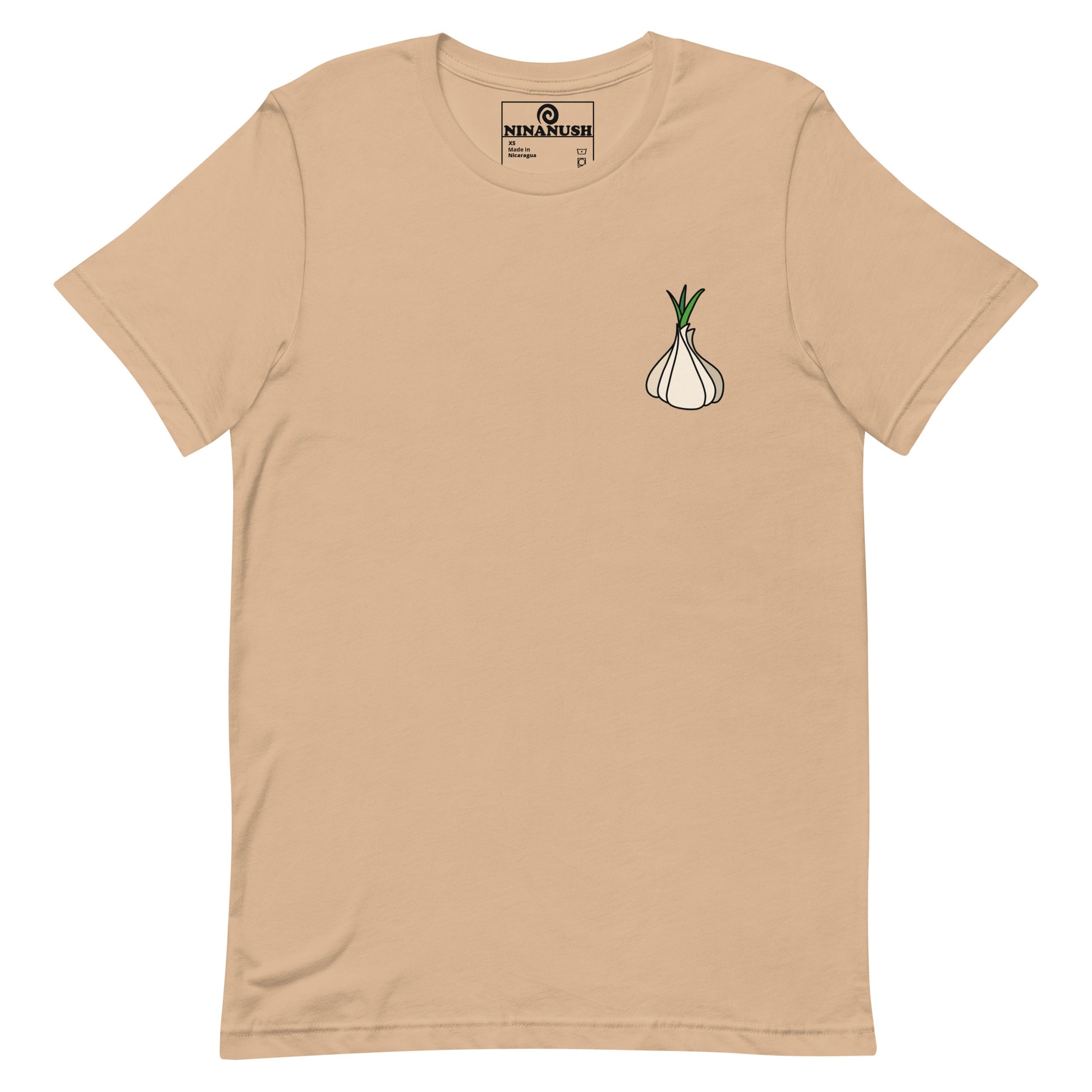 Tan garlic t-shirt from Nina's Funky Shop by ninanush - Calling all garlic lovers! This classic cotton tee comes in a variety of colors with a head of garlic expertly printed on the front. It's a unique garlic lover graphic tee that stands out and makes the perfect funky shirt for garlic enthusiasts. Eat garlic in style and make a statement in our funny foodie clothing and accessories.