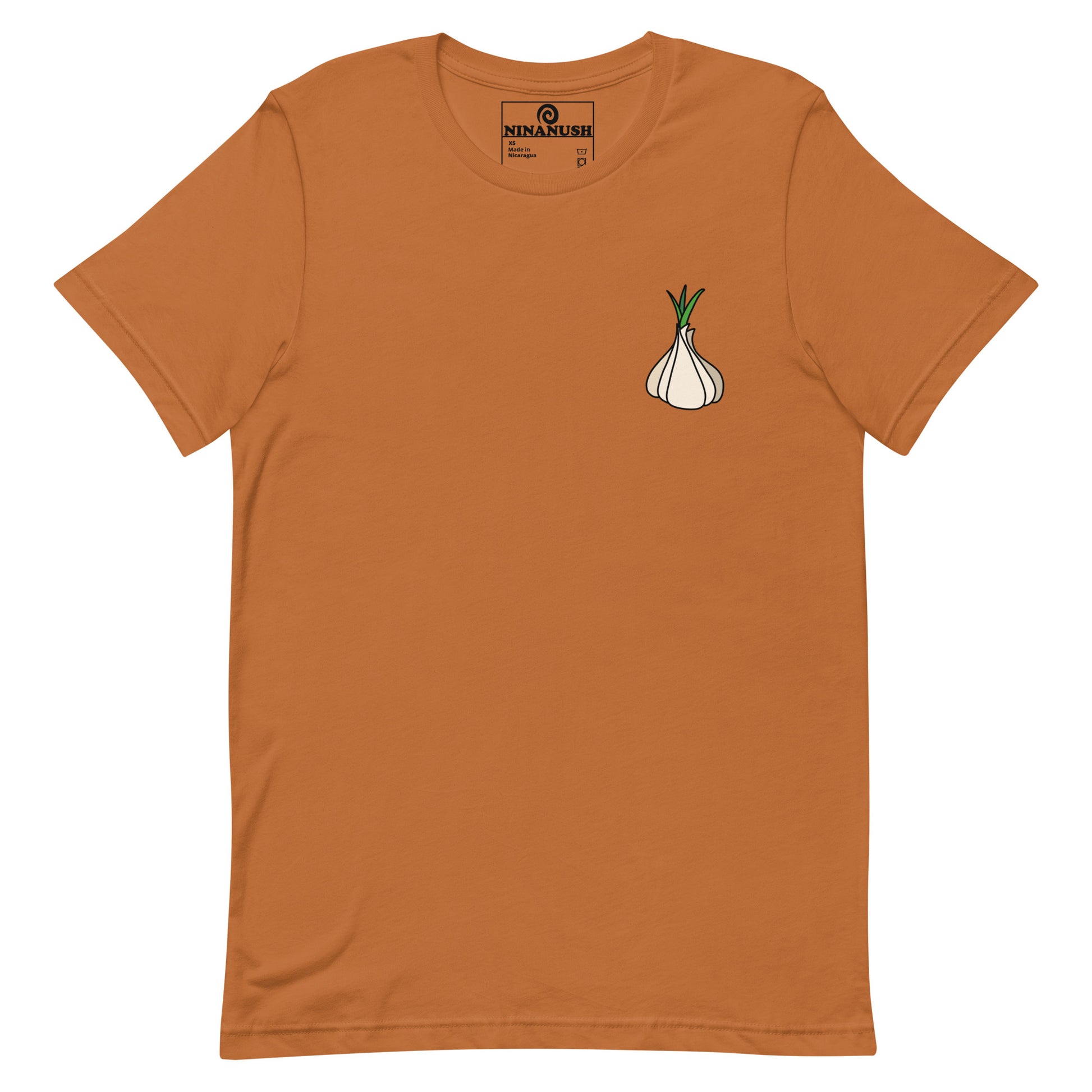Orange garlic t-shirt from Nina's Funky Shop by ninanush - Calling all garlic lovers! This classic cotton tee comes in a variety of colors with a head of garlic expertly printed on the front. It's a unique garlic lover graphic tee that stands out and makes the perfect funky shirt for garlic enthusiasts. Eat garlic in style and make a statement in our funny foodie clothing and accessories.
