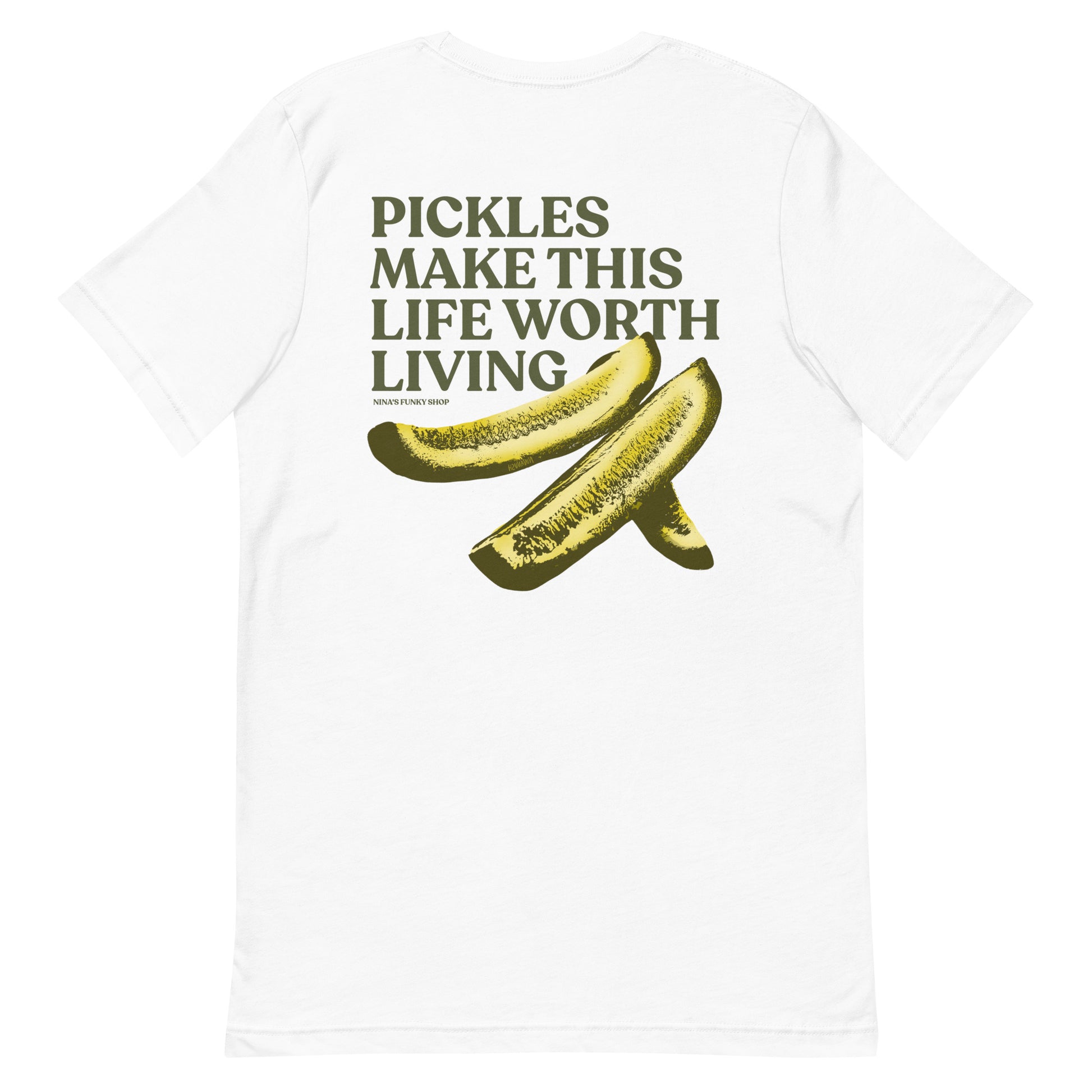 White Pickles T-shirt - What makes your life worth living? If the answer is pickles...this funky pickles t-shirt is just what you need! Our Pickles Make This Life Worth Living T-shirt is soft, comfortable and comes in a variety of colors with a unique pickle design, expertly printed on the front and back. A funny foodie t-shirt for pickles lovers and foodies of all kinds.