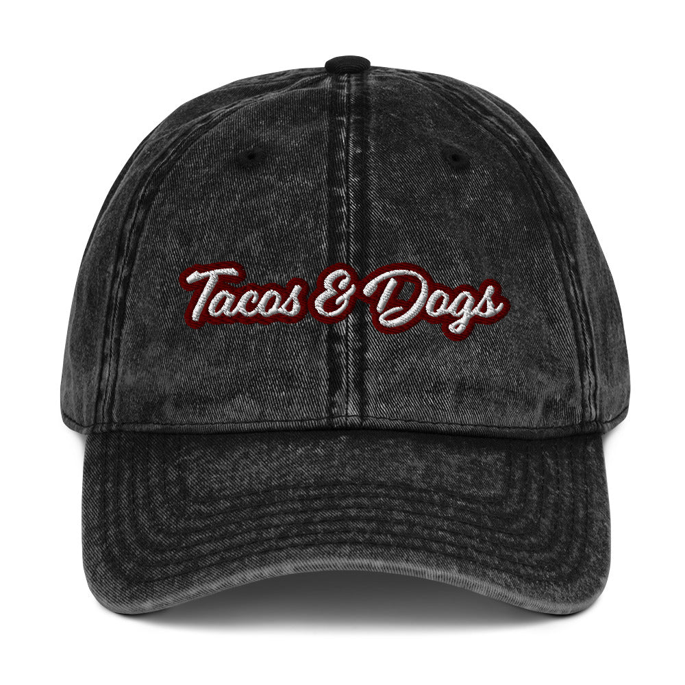 Black dad hat for taco lovers and dog lovers - The tacos and dogs dad hat is the perfect accessory for taco lovers and dog lovers and foodies of all kinds! It features a washed-out denim look, giving it a vintage feel. This funny food hat is the ultimate way to show off your love dogs and tacos, too. Wear it as a statement piece for everyday street wear or give it as a gift for foodies or your favorite dog parent - the ultimate dad hat for foodies, animal lovers and beyond.