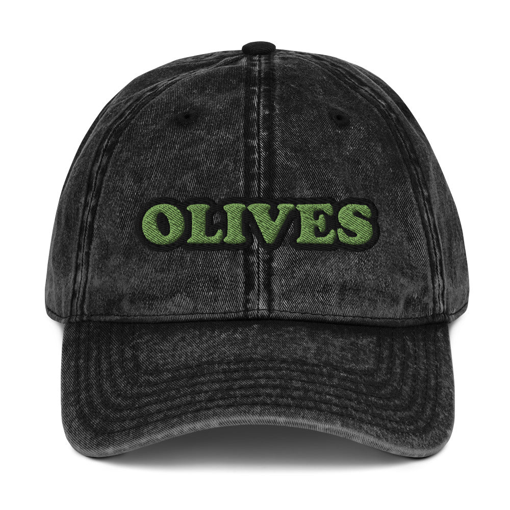 Black olives dad hat - Eat olives in this olive lover dad hat! It's a funny food hat, designed for olive aficionados and made just for you. This hat has a washed out vintage style with an embroidered foodie design. The perfect statement hat for people who love olives or a gift for olive enthusiasts. Stand out in this unique olive lover hat. 