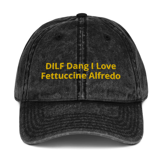 Black funny DILF dad hat from Nina's Funky Shop by ninanush - This unique DILF dad hat is the perfect hat for foodies and fettuccine Alfredo enthusiasts. It comes in a variety of colors with "DILF Dang I Love Fettuccine Alfredo" embroidered on the front. Stand out, eat pasta and add a little personality to your style in this funny dad hat for fettuccine Alfredo lovers and DILFs.