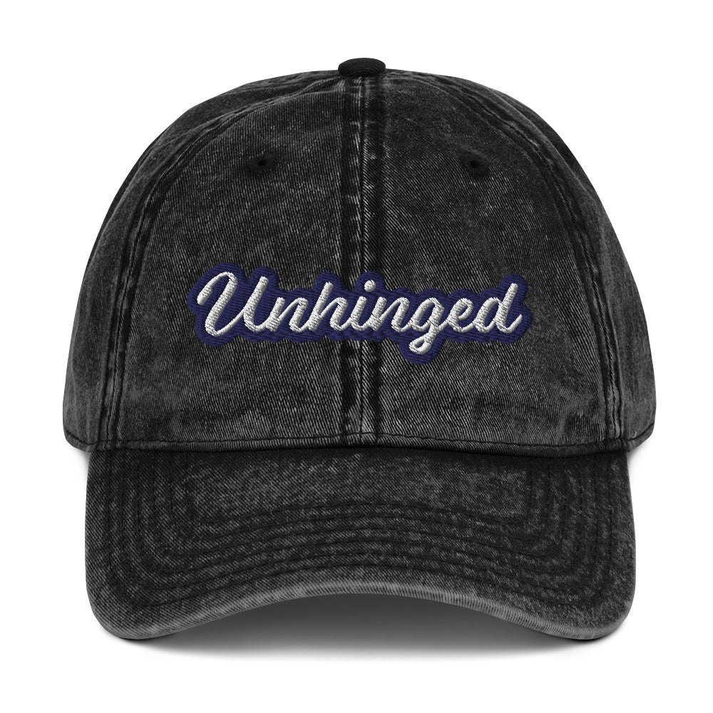 Black unhinged dad hat from Nina's Funky Shop by ninanush - UNHINGED⚡ Stand out in this vintage style dad for absolutely unhinged individuals. It has an adjustable closure and comes in a variety of colors with a the word "Unhinged" expertly embroidered on the front. Stay weird, stay wild and live your best life in this funny dad hat. It's designed by Nina, and made just for you.