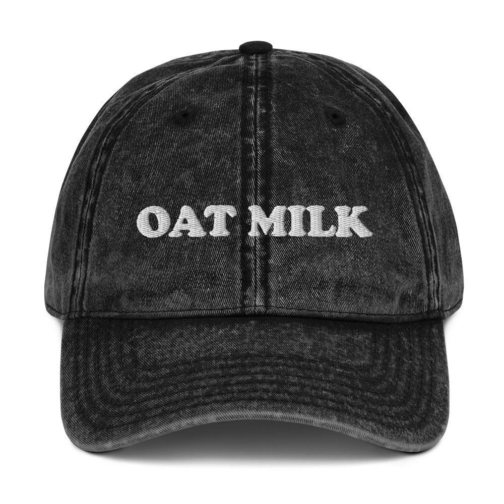 Black Oat Milk Hat - Love oat milk? Looking for a funny gift? This Oat Milk Hat is comfortable, has an adjustable closure, and comes in a variety of colors with a funny food design, expertly embroidered on the front. The perfect hat for oat milk enthusiasts and foodies of all kinds.
