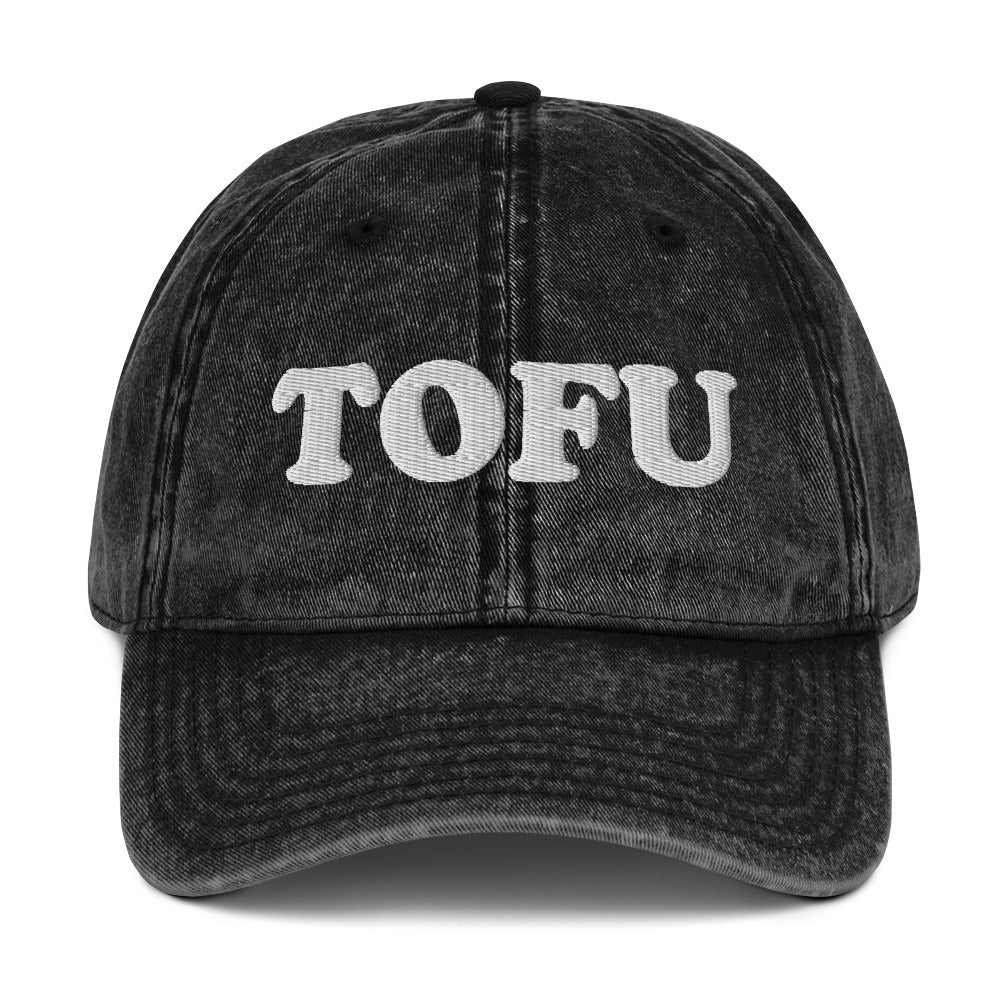 Black Tofu hat - Our Tofu Dad Hat is comfortable, adjustable, and comes in a variety of colors. It's a classic dad hat, expertly embroidered just for you! Make a statement and eat more plants in this funny dad hat for plant based babes and beyond.