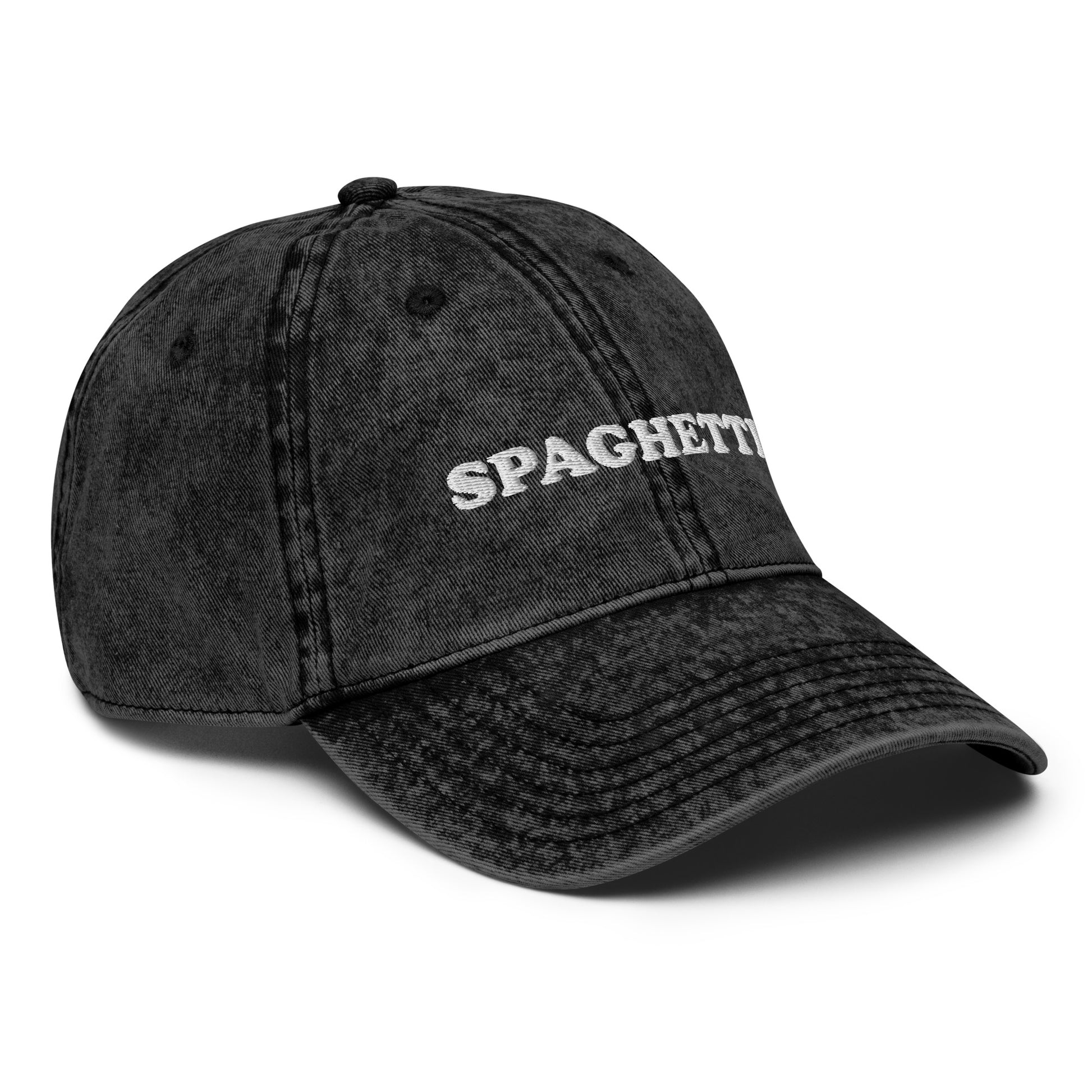 Black Spaghetti Hat - Love spaghetti? Looking for a funny gift for a pasta enthusiast? This spaghetti hat is just what you need. It's comfortable, has an adjustable closure, and comes in a variety of colors with "spaghetti", expertly embroidered on the front. Eat your favorite pasta in this funny foodie dad hat. Perfect for spaghetti lovers and beyond. Celebrate your favorite foods in our funky foodie clothing and accessories.