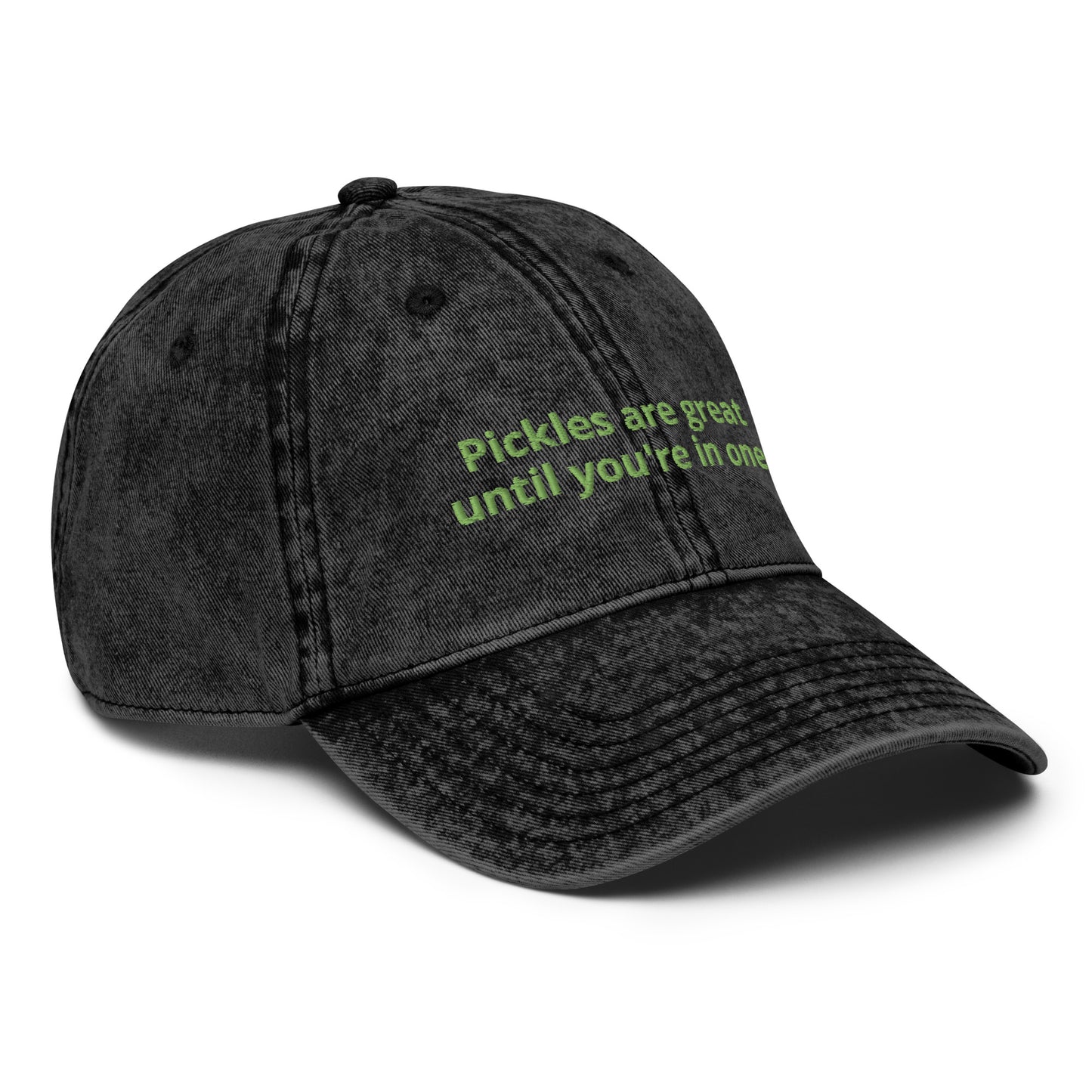 Black Pickles are great until you're in one hat - Love pickles? Looking for a gift for a pickle enthusiast? Our Pickles are great until you're in one hat is comfortable, has an adjustable closure and it's made just for you. It's an embroidered cotton dad hat with a funny food saying for pickle lovers. Make a statement and celebrate pickles in this funny dad hat.