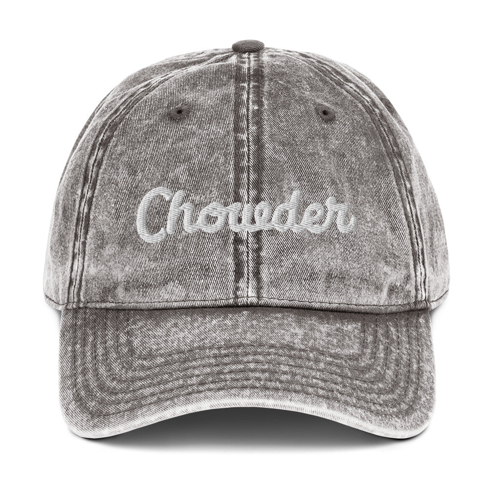 Gray chowder dad hat from Nina's Funky Shop by ninanush - Show off in our classic chowder dad hat. It has an adjustable closure, comes in a variety of colors with stylish washed out material and the word "Chowder" embroidered on the front. Wear this funny food hat and add a little personality to your everyday style or give it as a weird gift for a pastrami enthusiast.