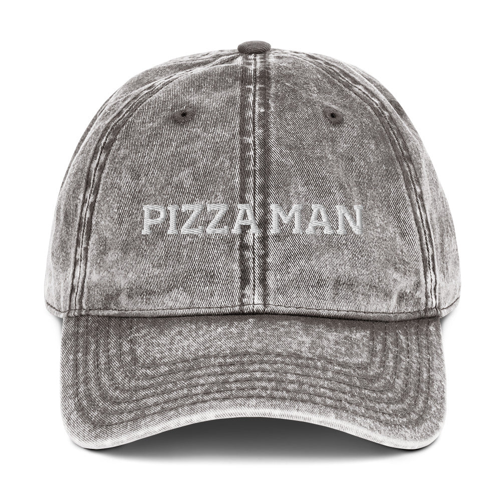 Gray pizza man hat from Nina's Funky Shop by ninanush - Calling all pizza enthusiasts! This funky pizza dad hat is comfortable with a vintage-style washed out material and the words "pizza man", expertly embroidered on the front. Make a statement and share your passion for pizza in this weird hat. The perfect dad hat for foodies or gift for pizza lovers of all kinds.