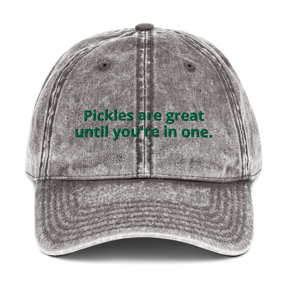 Gray Pickles are great until you're in one hat - Love pickles? Looking for a gift for a pickle enthusiast? Our Pickles are great until you're in one hat is comfortable, has an adjustable closure and it's made just for you. It's an embroidered cotton dad hat with a funny food saying for pickle lovers. Make a statement and celebrate pickles in this funny dad hat.
