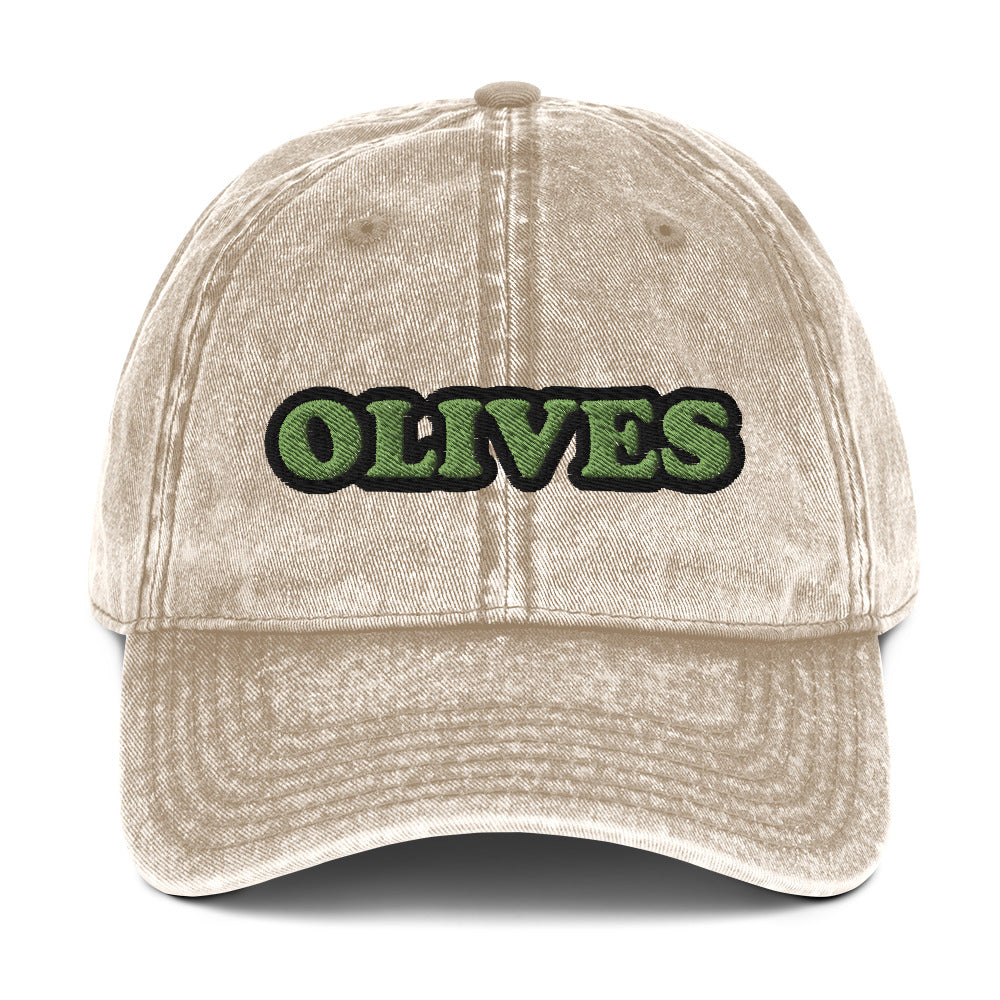 Khaki olives dad hat - Eat olives in this olive lover dad hat! It's a funny food hat, designed for olive aficionados and made just for you. This hat has a washed out vintage style with an embroidered foodie design. The perfect statement hat for people who love olives or a gift for olive enthusiasts. Stand out in this unique olive lover hat. 