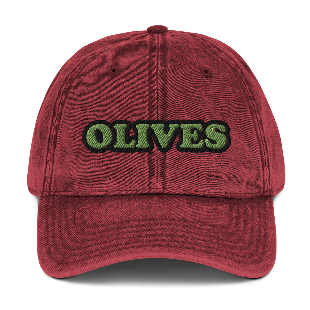 Maroon olives dad hat - Eat olives in this olive lover dad hat! It's a funny food hat, designed for olive aficionados and made just for you. This hat has a washed out vintage style with an embroidered foodie design. The perfect statement hat for people who love olives or a gift for olive enthusiasts. Stand out in this unique olive lover hat. 