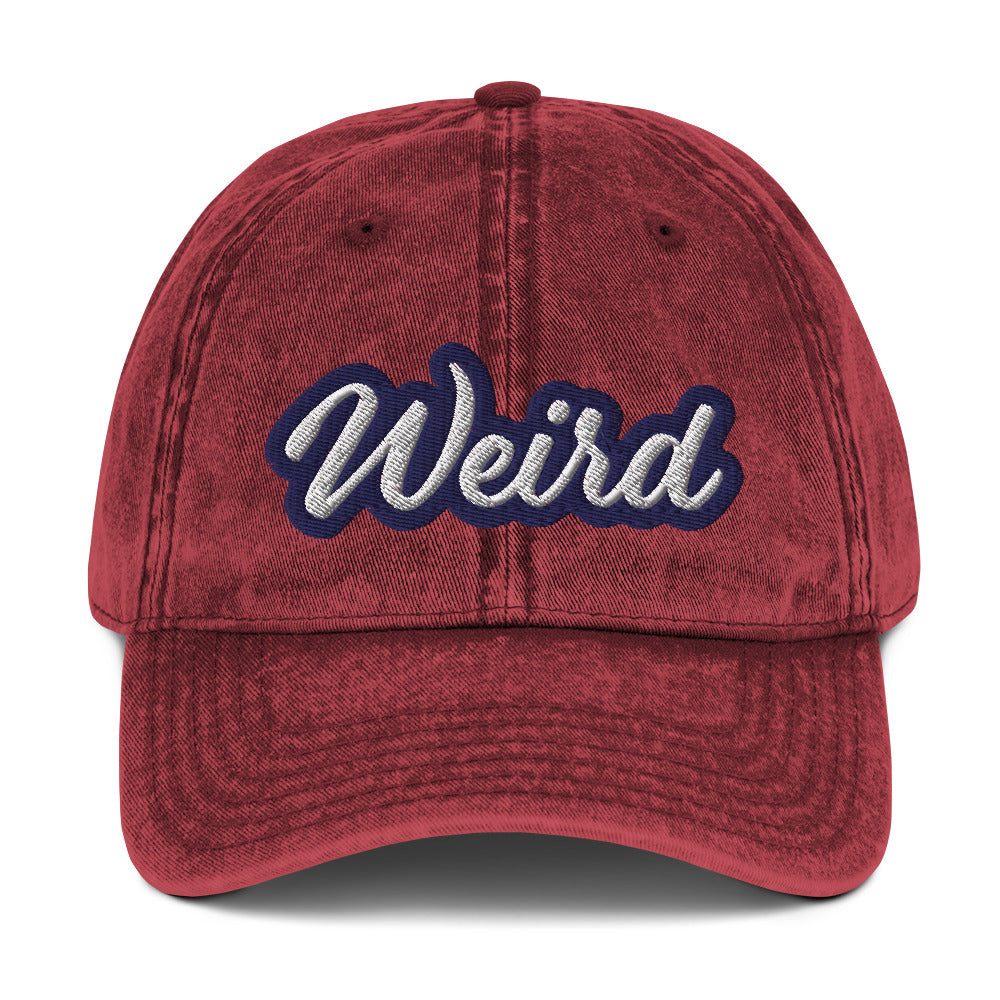Faded maroon weird dad hat - This weird dad hat is comfortable, adjustable and is made just for you. It's a classic unstructured hat with the word "weird" embroidered on the front. This vintage-style dad hat is adjustable and comes in a variety of stylish faded colors. Wear this weird hat as everyday wear or give it as a gift for a weird friend.