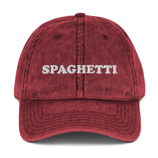 Maroon Spaghetti Hat - Love spaghetti? Looking for a funny gift for a pasta enthusiast? This spaghetti hat is just what you need. It's comfortable, has an adjustable closure, and comes in a variety of colors with "spaghetti", expertly embroidered on the front. Eat your favorite pasta in this funny foodie dad hat. Perfect for spaghetti lovers and beyond. Celebrate your favorite foods in our funky foodie clothing and accessories. 