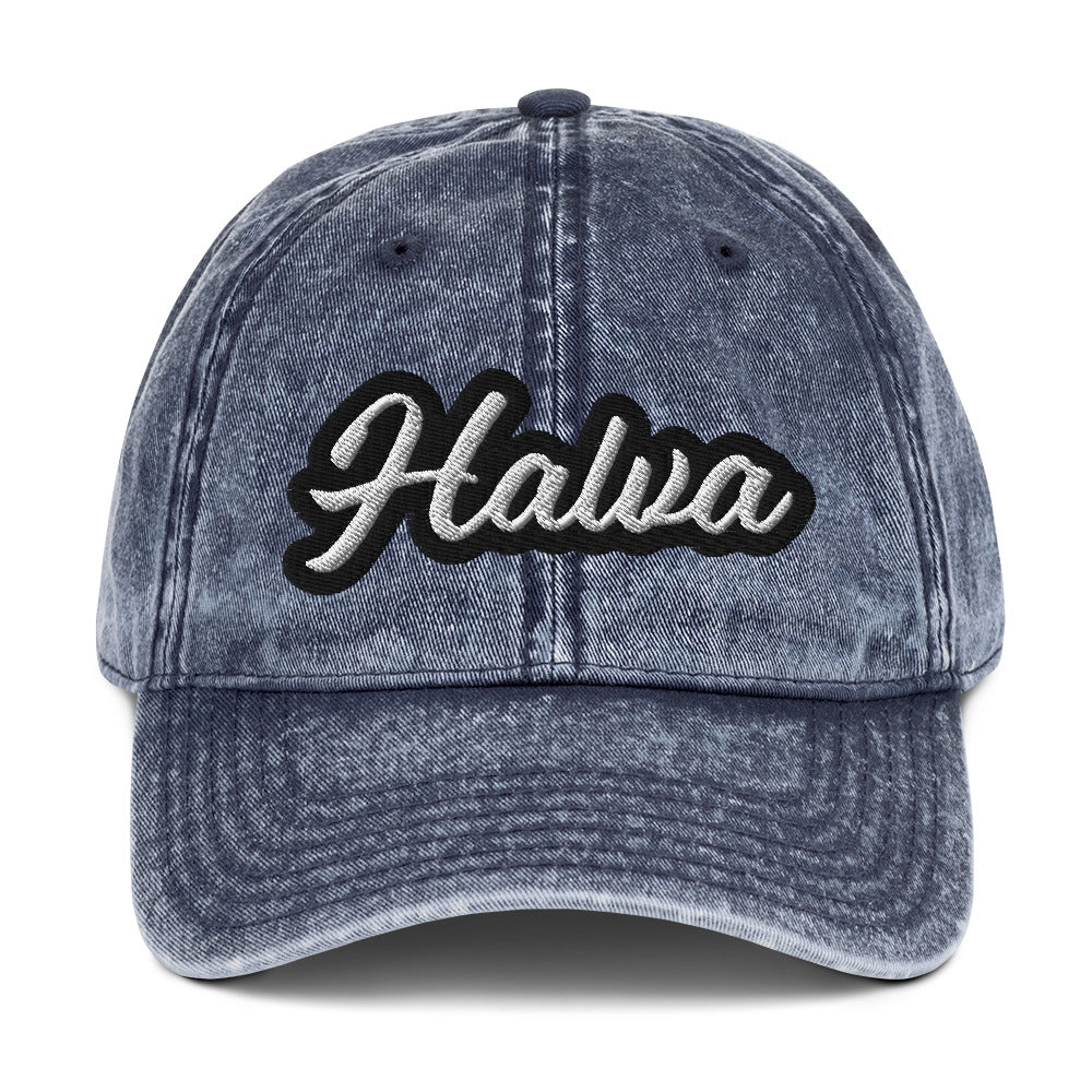 Navy halva dad hat - A halva dad hat for halva lovers and worldly foodies. Eat your favorite halva in style and share your foodie passions. This trendy halva hat is made of cotton, with a washed out vintage style and an eye-catching embroidery. Add a little personality to your look with this unique halva hat or give it as a gift for a halva enthusiast.