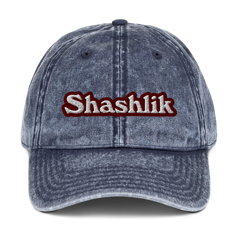 Blue shashlik hat - Shashlik enthusiast? This shashlik hat was designed just for you. Share your love of shashlik and make a statement in this funny food hat. It's made of 100% cotton, with a faded vintage look and an unusual, eye-catching foodie embroidery. The perfect funny gift for shashlik lovers and dad hat for foodies of all kinds. 
