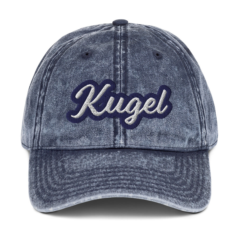 Blue kugel hat - A kugel lover hat that's 100% cotton with a faded, vintage style and unique Jewish food embroidery. If you love kugel, this unusual foodie dad hat is just you. Eat your favorite kugel and represent this beloved and classic Ashkenazi Jewish food. It's a funny Jewish foodie dad hat that's sure to make a statement.