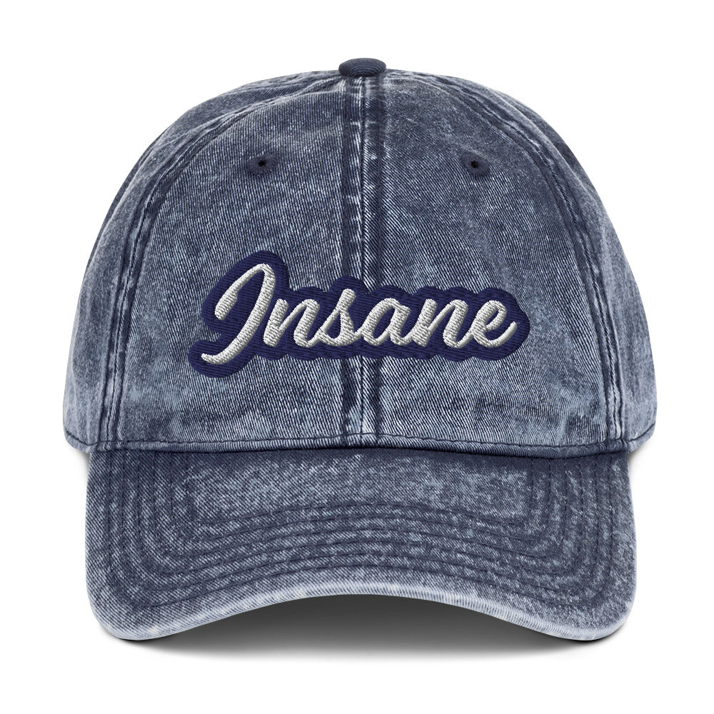 Faded blue insane dad hat - This insane dad hat is comfortable, adjustable and is a funny unisex embroidered hat made just for you. It's a unique vintage-style dad hat with a funny embroidery that stands out and comes in a variety of faded trendy colors. Wear this insane hat as everyday wear or give it as a funny gift for a wild friend.