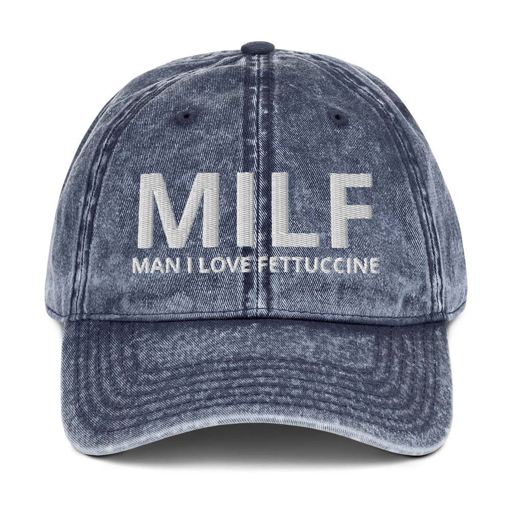 Blue MILF man I love fettuccine dad hat from Nina's Funky Shop by ninanush - This funny MILF dad hat is comfortable, unique and makes the perfect hat for foodies and fettuccine enthusiasts. It comes in a variety of colors with "MILF Man I Love Fettuccine" embroidered on the front. Stand out, eat pasta and add a little personality to your style in this funny dad hat for fettuccine lovers.
