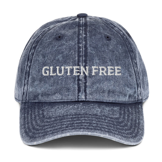 Navy gluten free dad hat from Nina's Funky Shop by ninanush - Are you gluten free? Eat your favorite gluten free snacks in this Gluten Free Dad Hat. Its a funny embroidered hat with the words "Gluten Free" on the front. A statement hat for gluten free foodies and a funny gift for a gluten free friend. Celebrate your favorite food and drinks in our funky foodie apparel, designed by Nina.