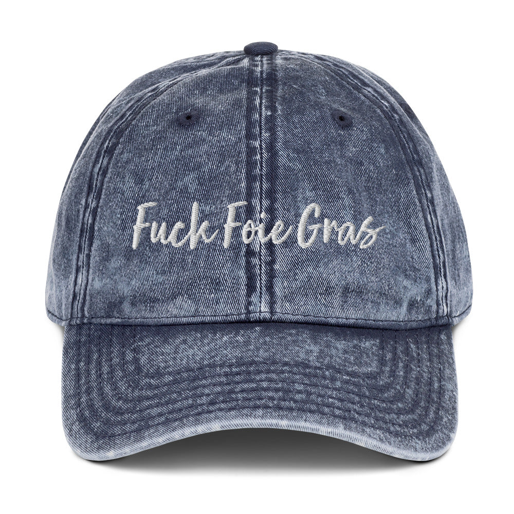 Blue Fuck Foie Gras dad hat from Nina's Funky Shop by ninanush - Fuck Foie Gras! Wear this Fuck Foie Gras Hat and raise awareness for the cruel and inhumane practices behind this luxury food. What is Foie Gras? Foie gras, which translates to "fat liver" in French, is a highly prized delicacy in French cuisine. It consists of the liver of a goose or duck that has been fattened through a process of force-feeding.
