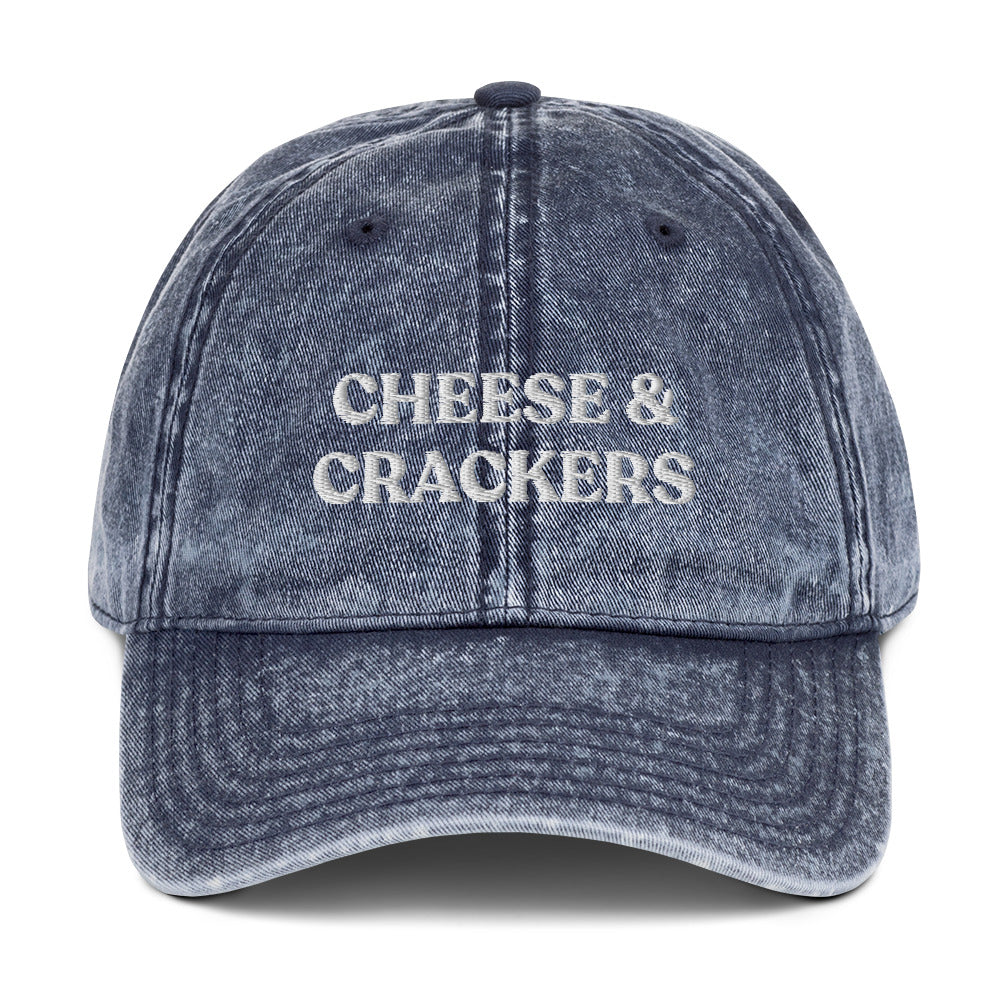 Blue cheese and crackers hat - Our Cheese & Crackers Hat is made of comfortable cotton and expertly embroidered just for you. It's a classic dad hat that's perfect for everyday streetwear that will have people asking "Where'd you get that hat?" Make a statement in this funny foodie dad hat. 
