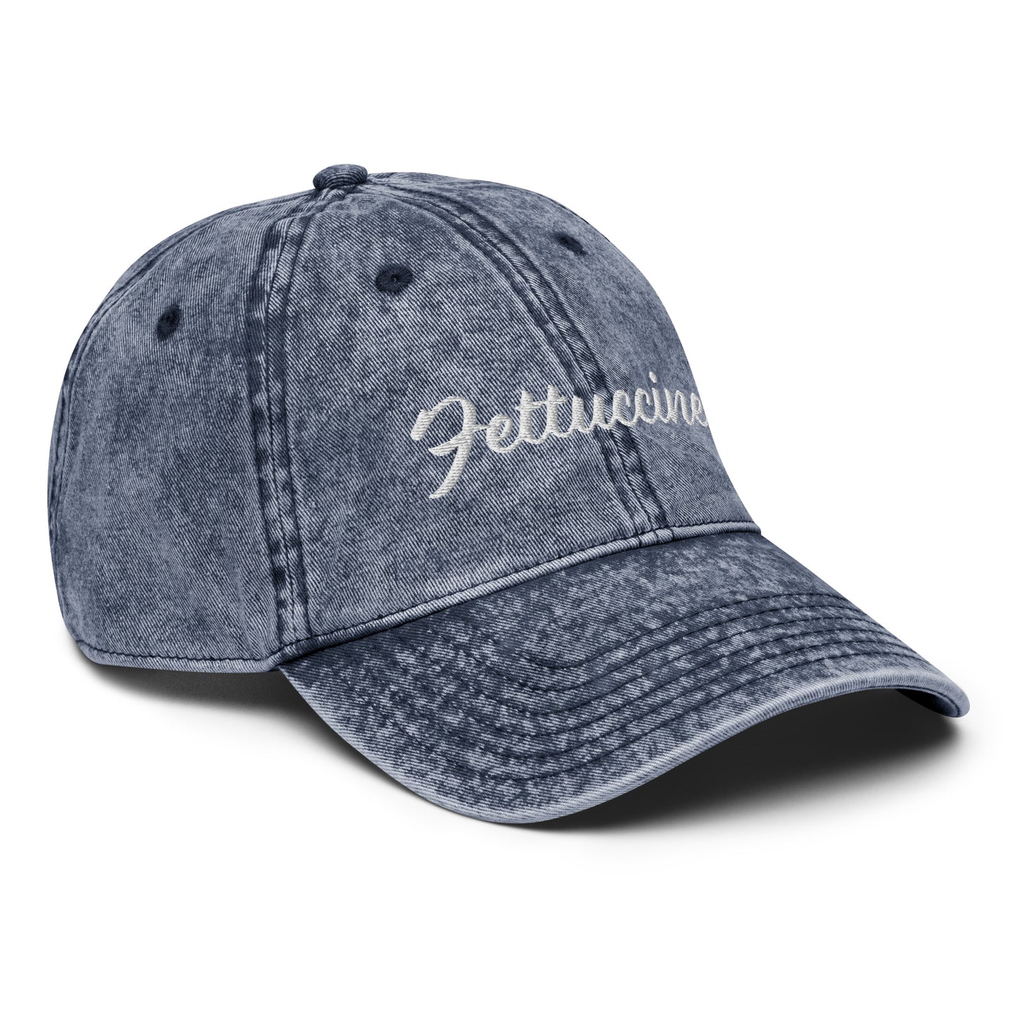 Navy Fettuccine Hat - Love fettuccine? Looking for a funny gift for a pasta enthusiast? This Unique Fettuccine Hat is just what you need. It's comfortable, and comes in a variety of colors with "Fettuccine", expertly embroidered on the front. Eat your favorite pasta in this funny foodie dad hat. Perfect for fettuccine lovers and beyond.