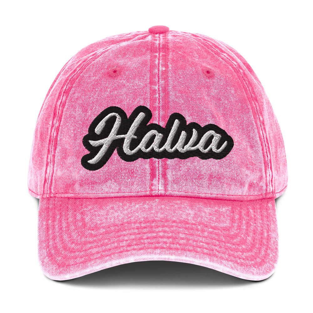 Pink halva vintage style embroidered dad hat - A halva dad hat for halva lovers and worldly foodies. Eat your favorite halva in style and share your foodie passions. This trendy halva hat is made of cotton, with a washed out vintage style and an eye-catching embroidery. Add a little personality to your look with this unique halva hat or give it as a gift for a halva enthusiast.