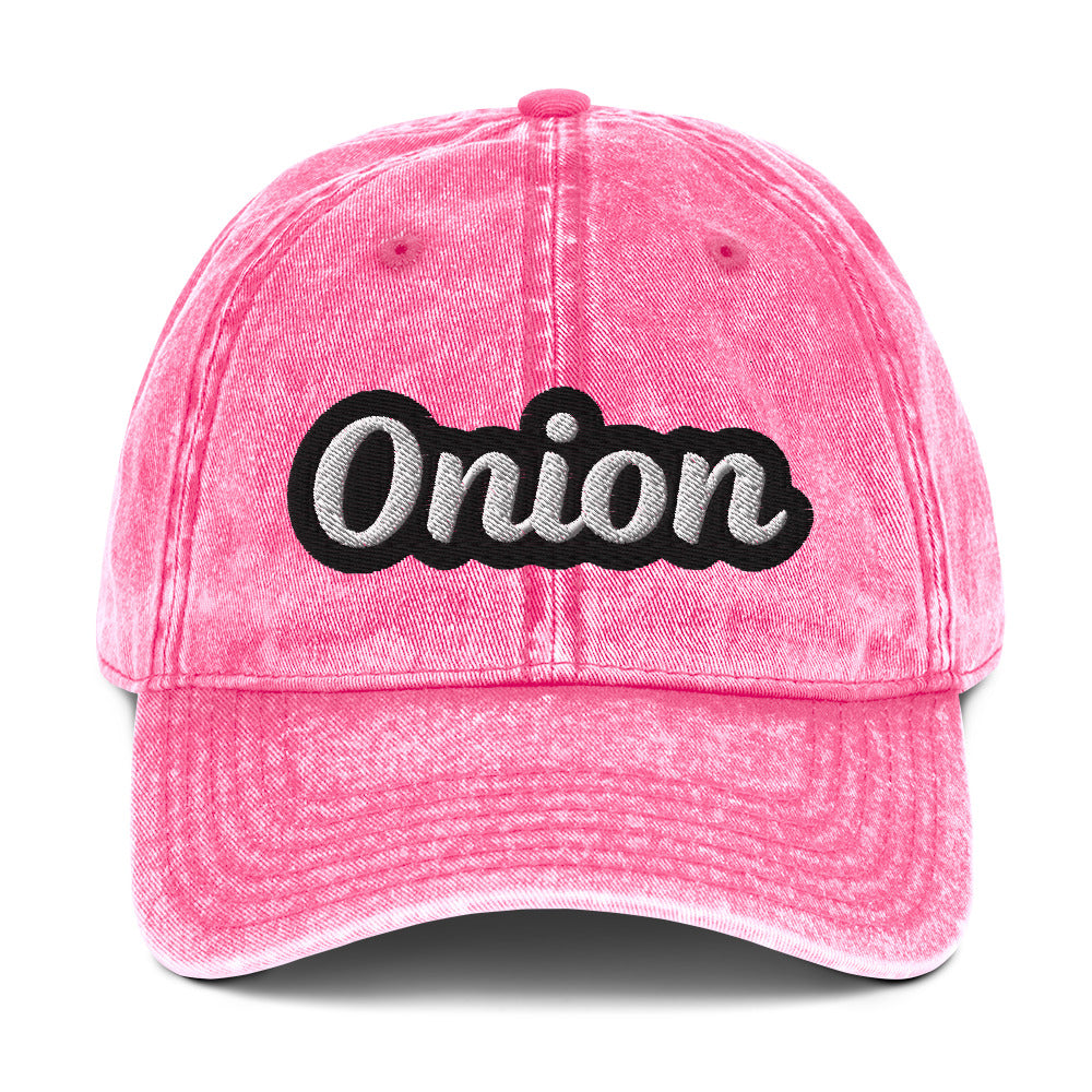 Pink onion hat from Nina's Funky Shop by ninanush - This onion dad hat is comfortable, adjustable and the perfect weird hat for everyday fashion. It has a faded vintage-style material, expertly embroidered with the word "onion". Wear this onion hat and make a statement or give it as a gift to an onion enthusiast. Celebrate your favorite foods in our funny food hats, tees and accessories.